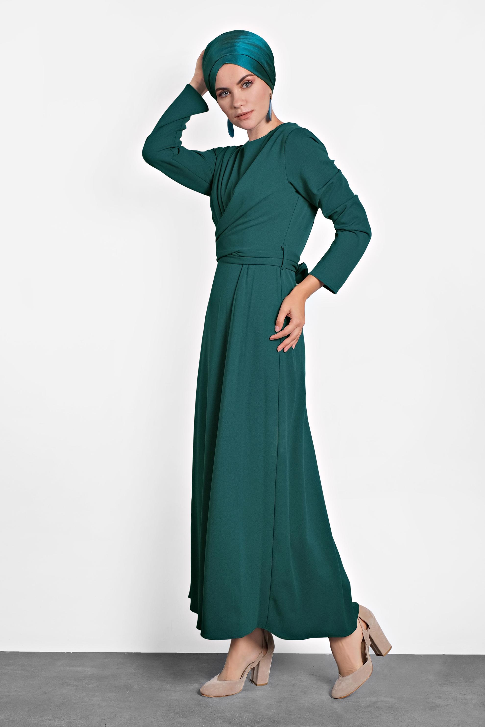 Tesettür giyim YEŞİL ÇAPRAZ BAĞLAMALI ELBİSE 40199