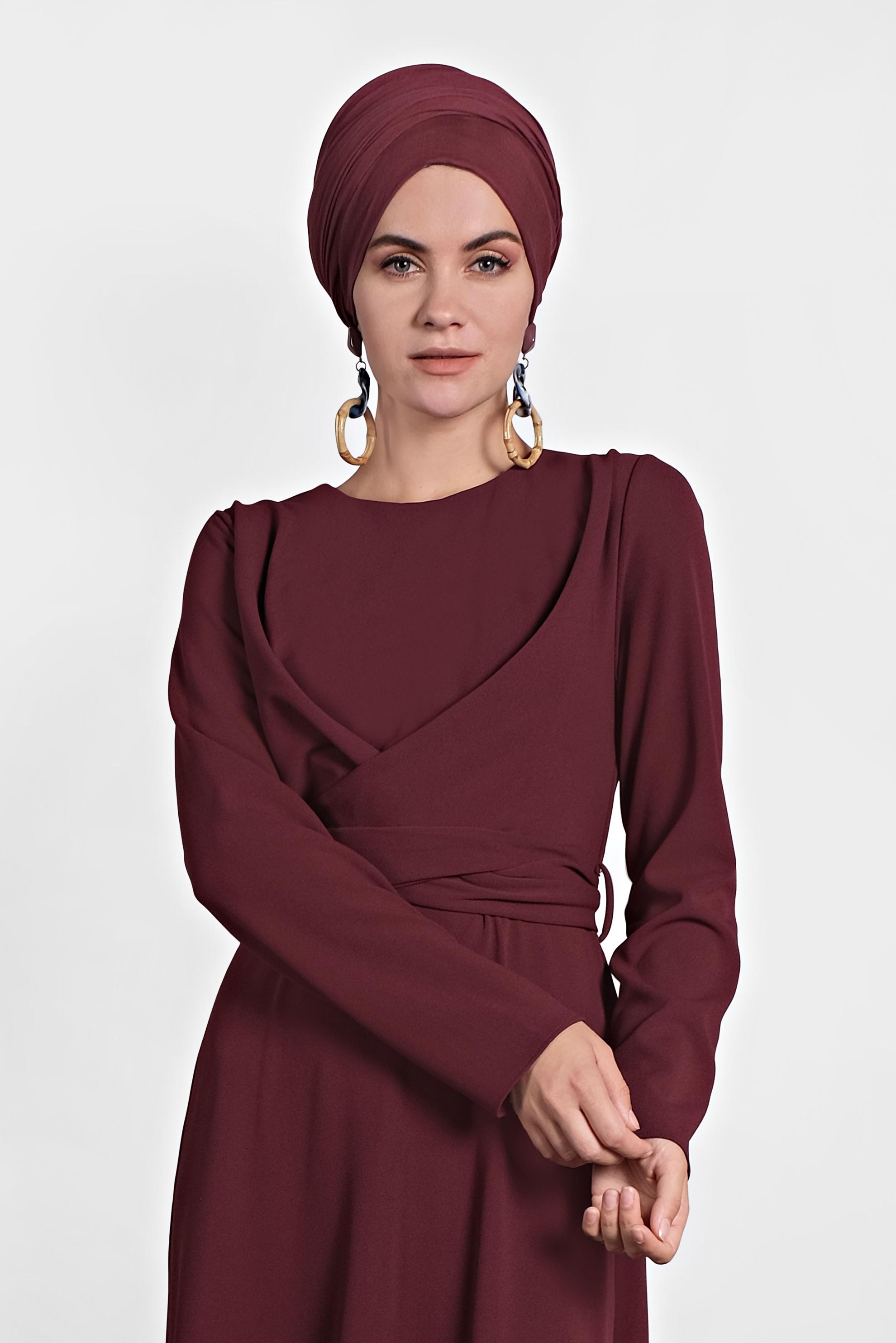 Tesettür giyim BORDO ÇAPRAZ BAĞLAMALI ELBİSE 40199