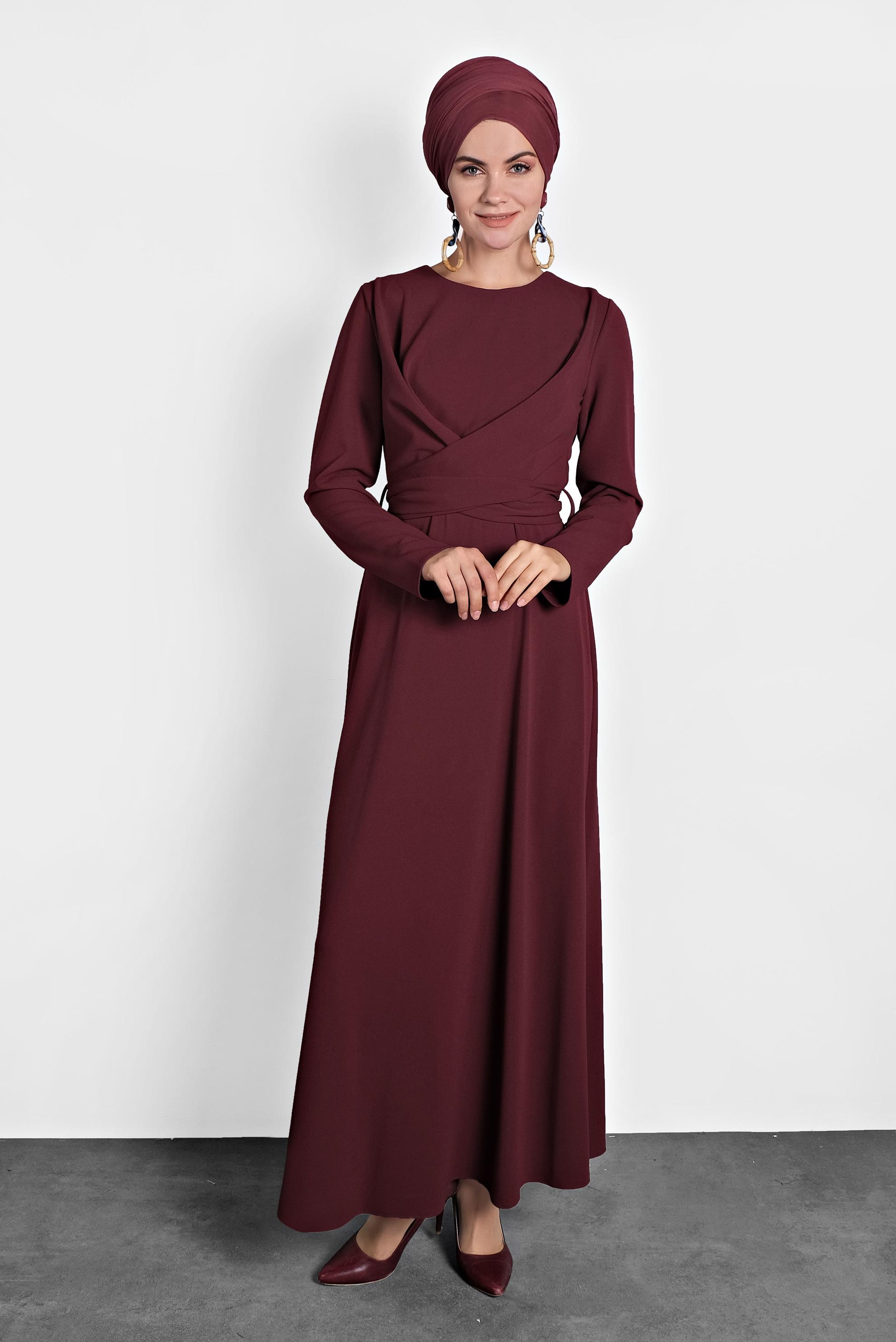 Tesettür giyim BORDO ÇAPRAZ BAĞLAMALI ELBİSE 40199