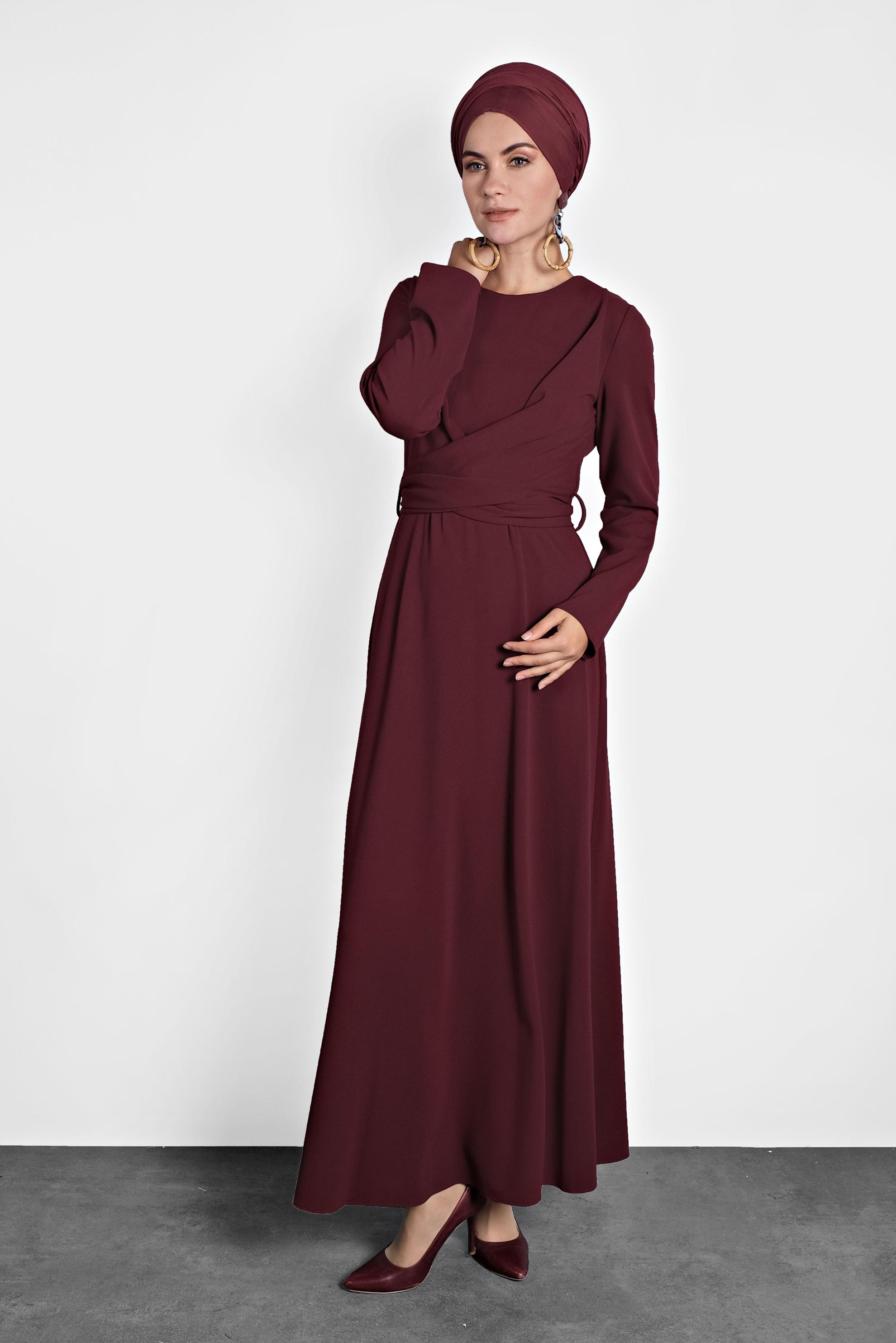 Tesettür giyim BORDO ÇAPRAZ BAĞLAMALI ELBİSE 40199