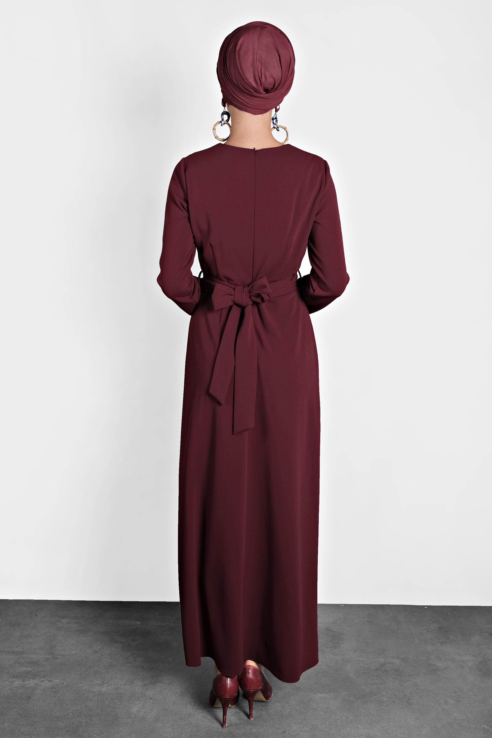 Tesettür giyim BORDO ÇAPRAZ BAĞLAMALI ELBİSE 40199