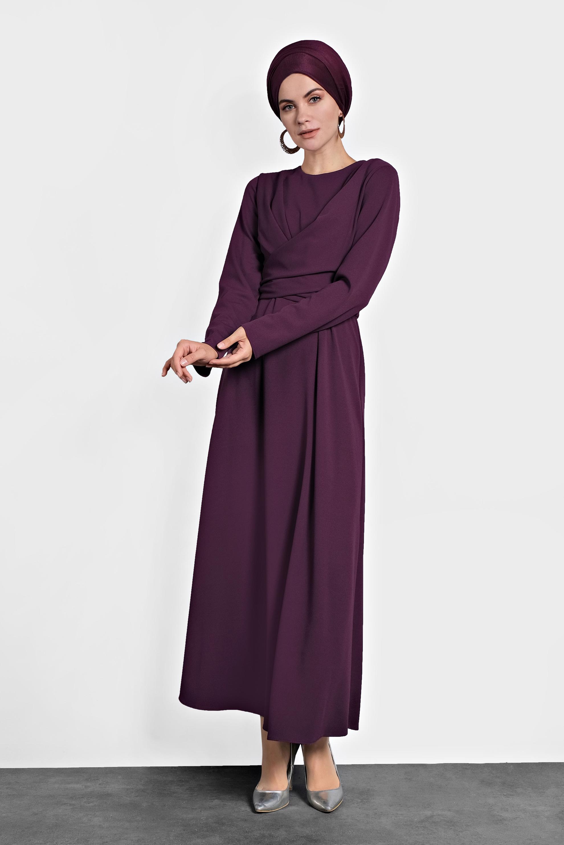 Tesettür giyim MÜRDÜM ÇAPRAZ BAĞLAMALI ELBİSE 40199