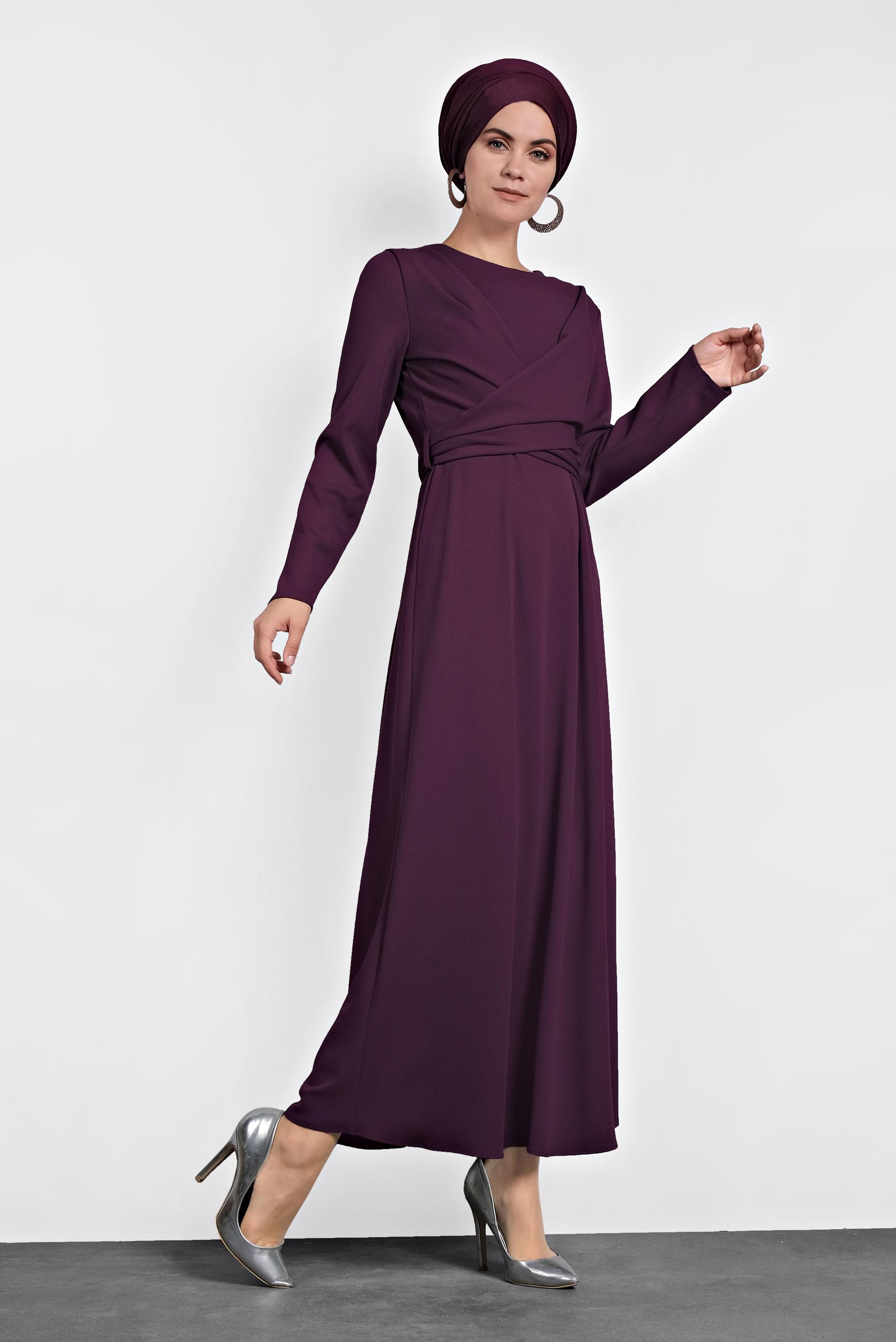 Tesettür giyim MÜRDÜM ÇAPRAZ BAĞLAMALI ELBİSE 40199