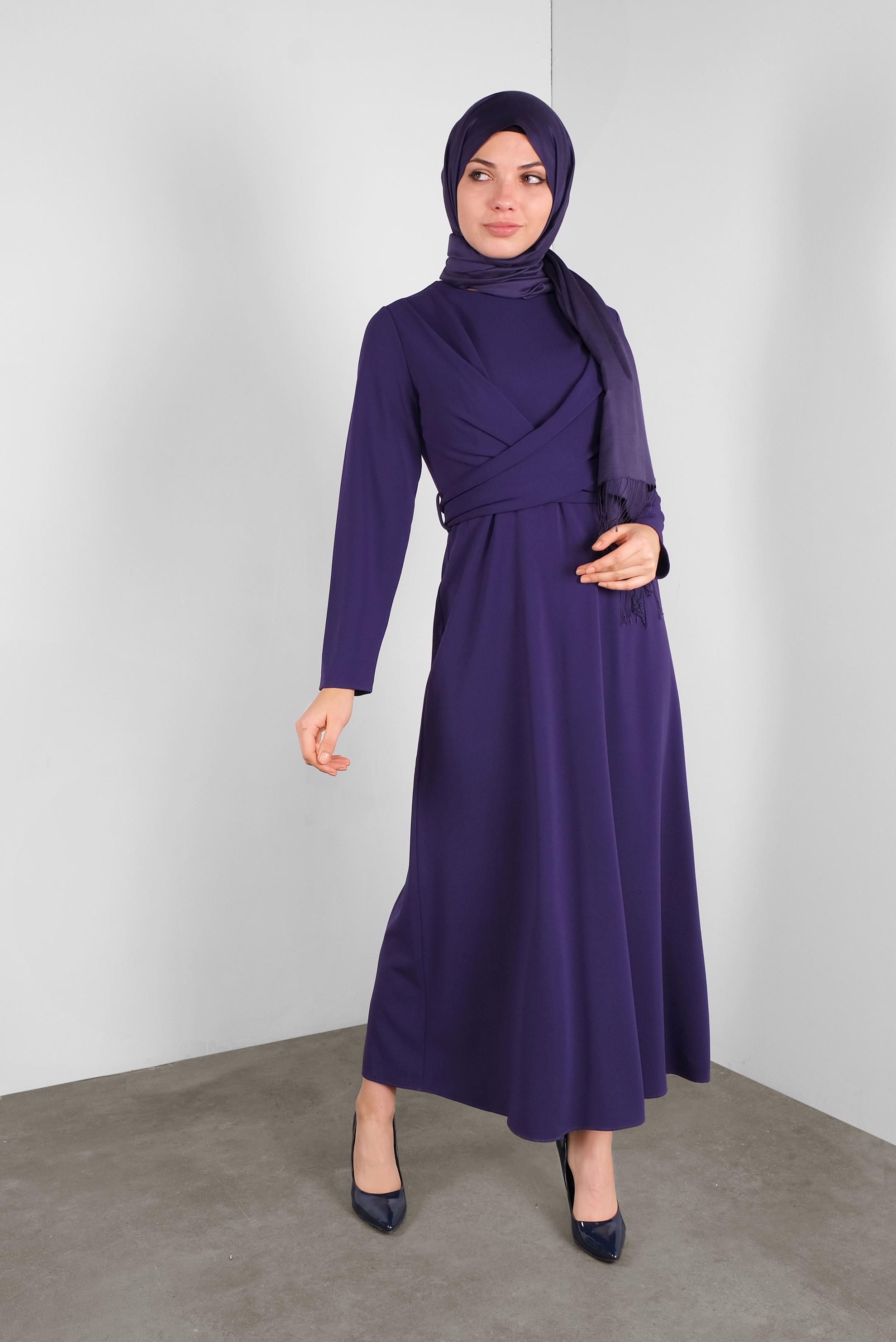 Tesettür giyim MOR ÇAPRAZ BAĞLAMALI ELBİSE 40199