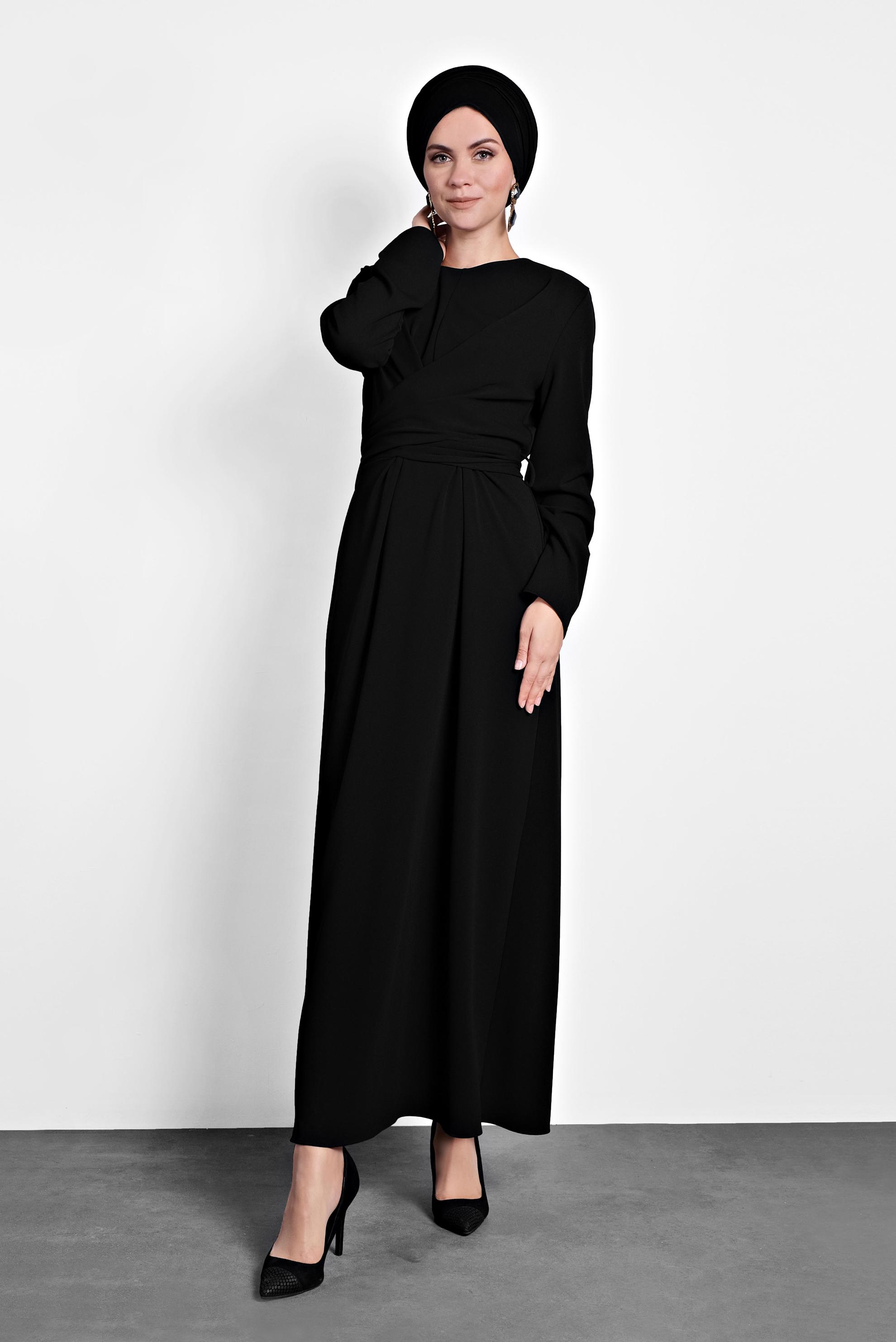 Tesettür giyim SİYAH ÇAPRAZ BAĞLAMALI ELBİSE 40213 