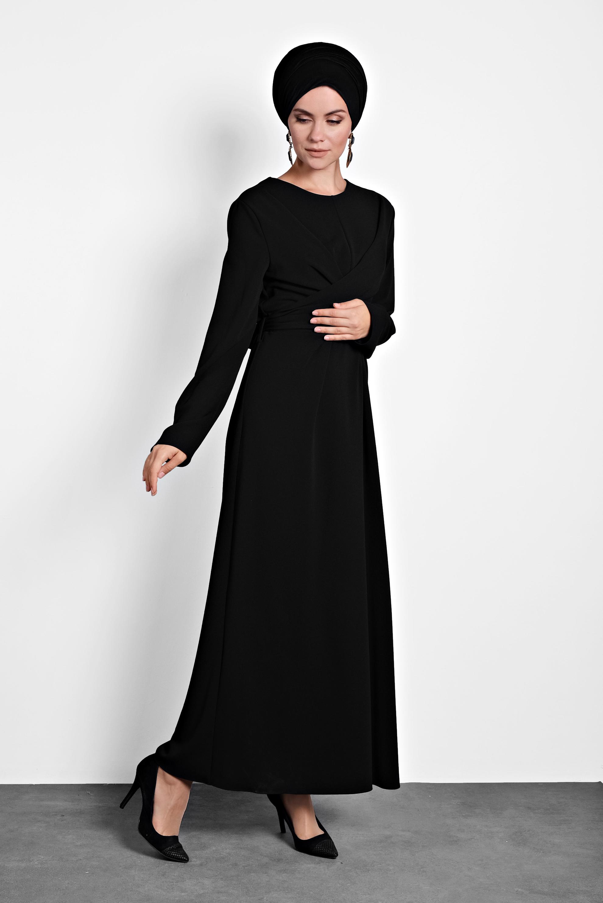 Tesettür giyim SİYAH ÇAPRAZ BAĞLAMALI ELBİSE 40213 