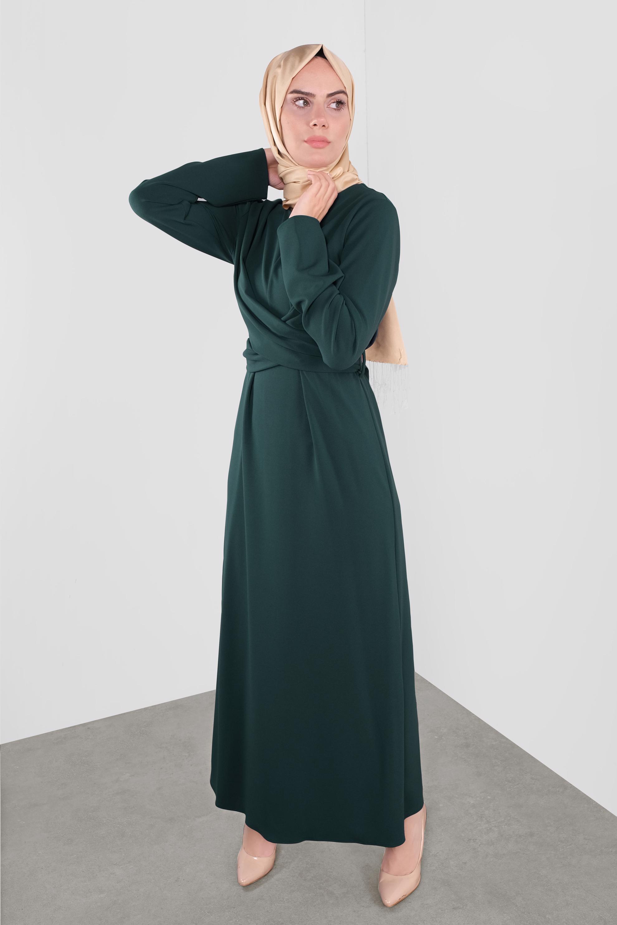 Tesettür giyim YEŞİL ÇAPRAZ BAĞLAMALI ELBİSE 40213 