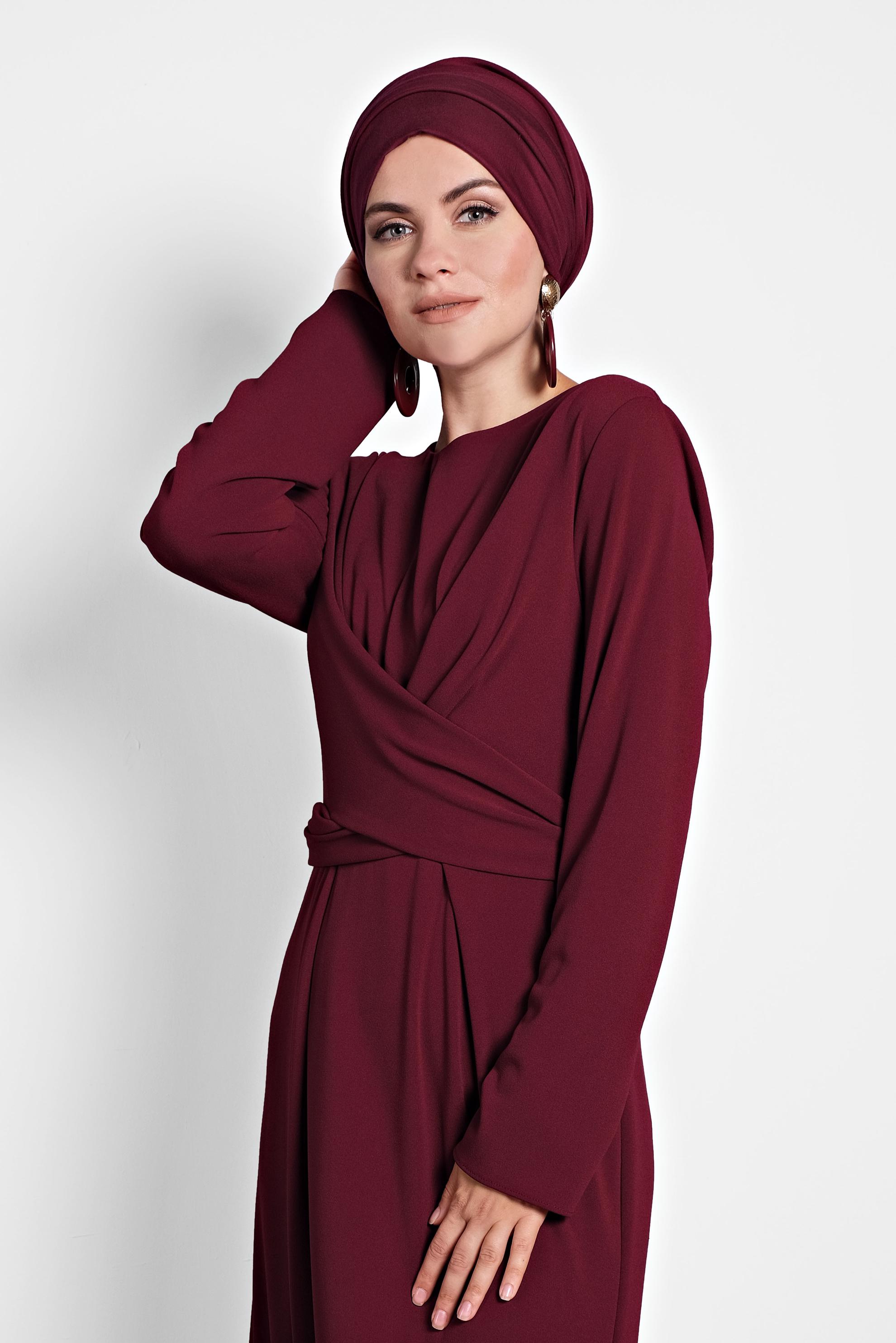 Tesettür giyim BORDO ÇAPRAZ BAĞLAMALI ELBİSE 40213 