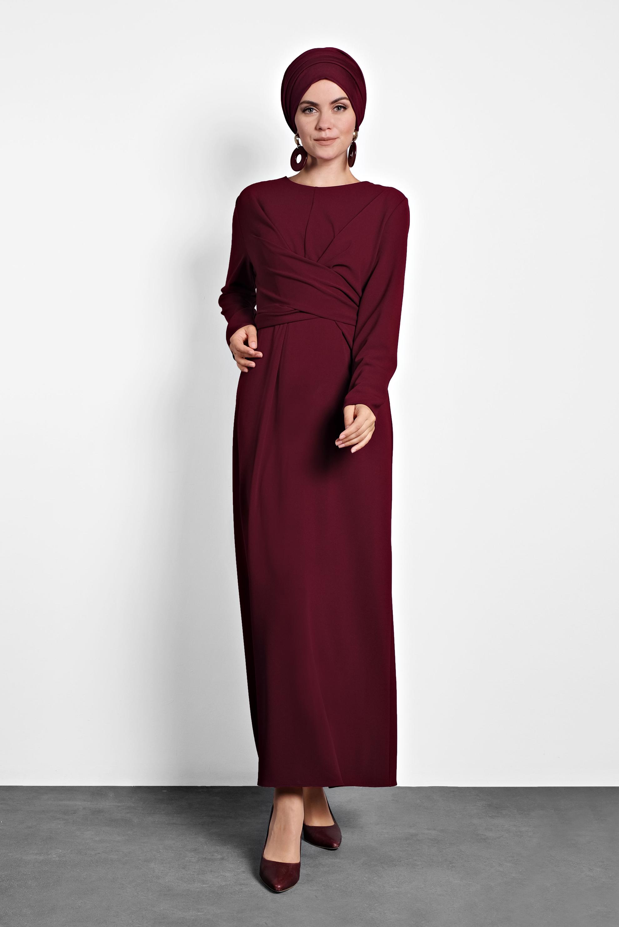 Tesettür giyim BORDO ÇAPRAZ BAĞLAMALI ELBİSE 40213 