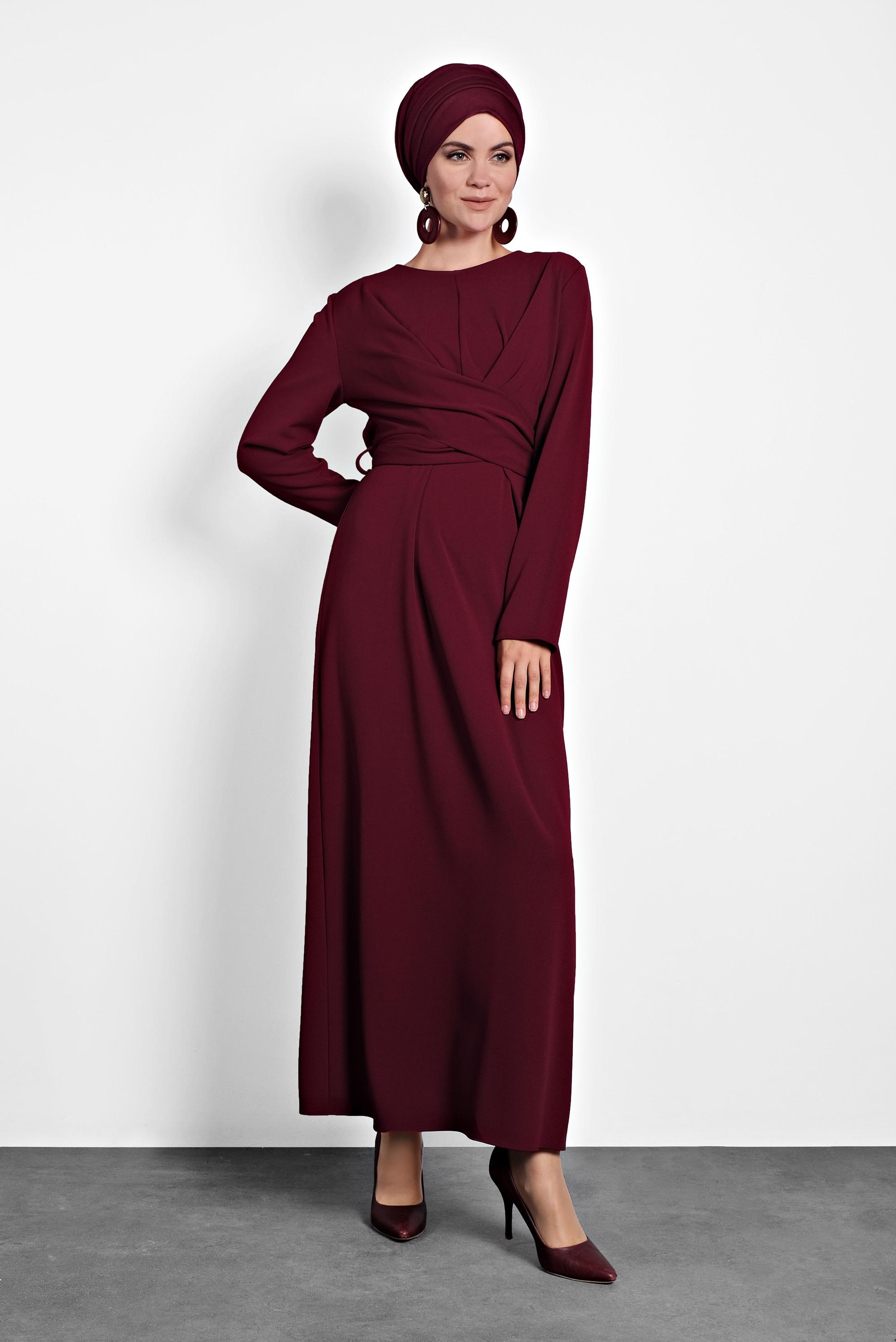 Tesettür giyim BORDO ÇAPRAZ BAĞLAMALI ELBİSE 40213 