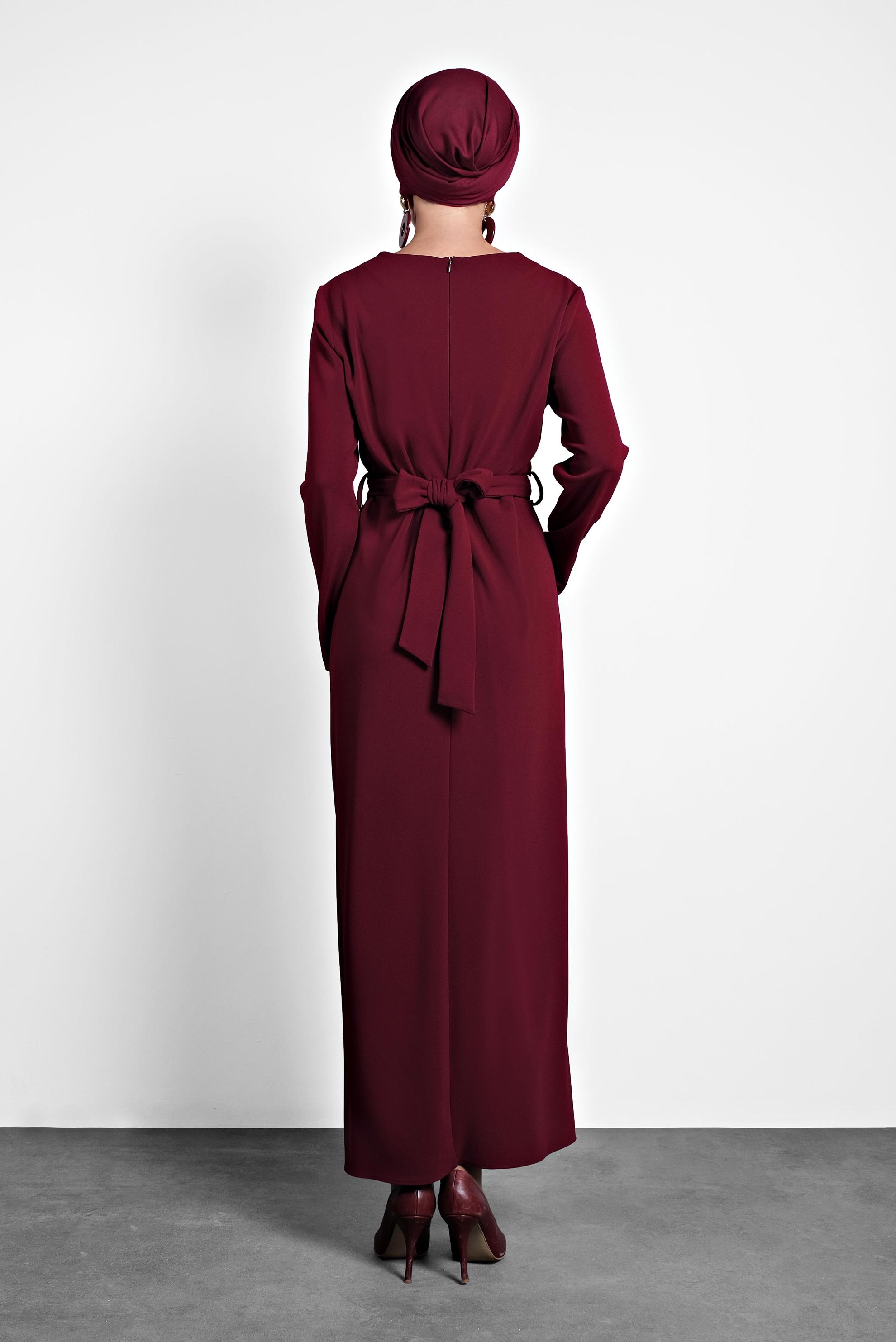 Tesettür giyim BORDO ÇAPRAZ BAĞLAMALI ELBİSE 40213 