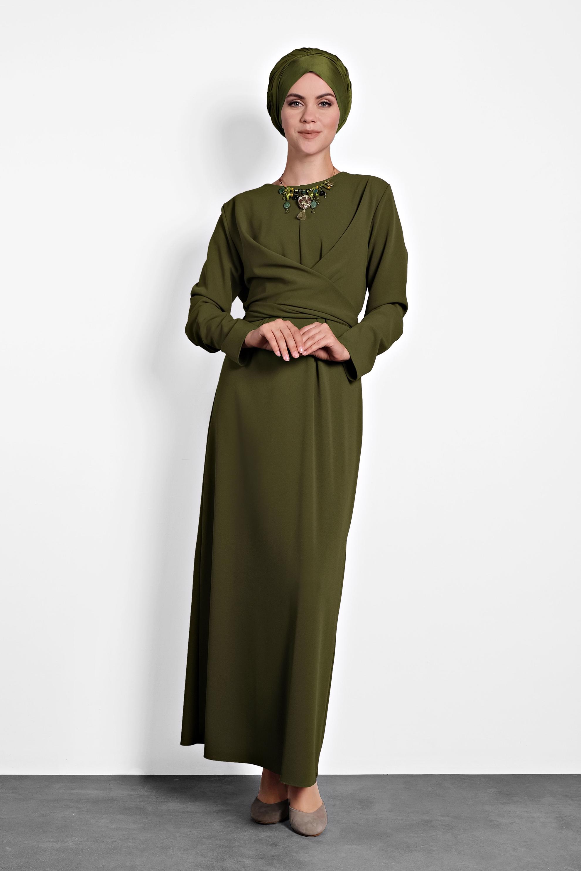 Tesettür giyim HAKİ ÇAPRAZ BAĞLAMALI ELBİSE 40213 