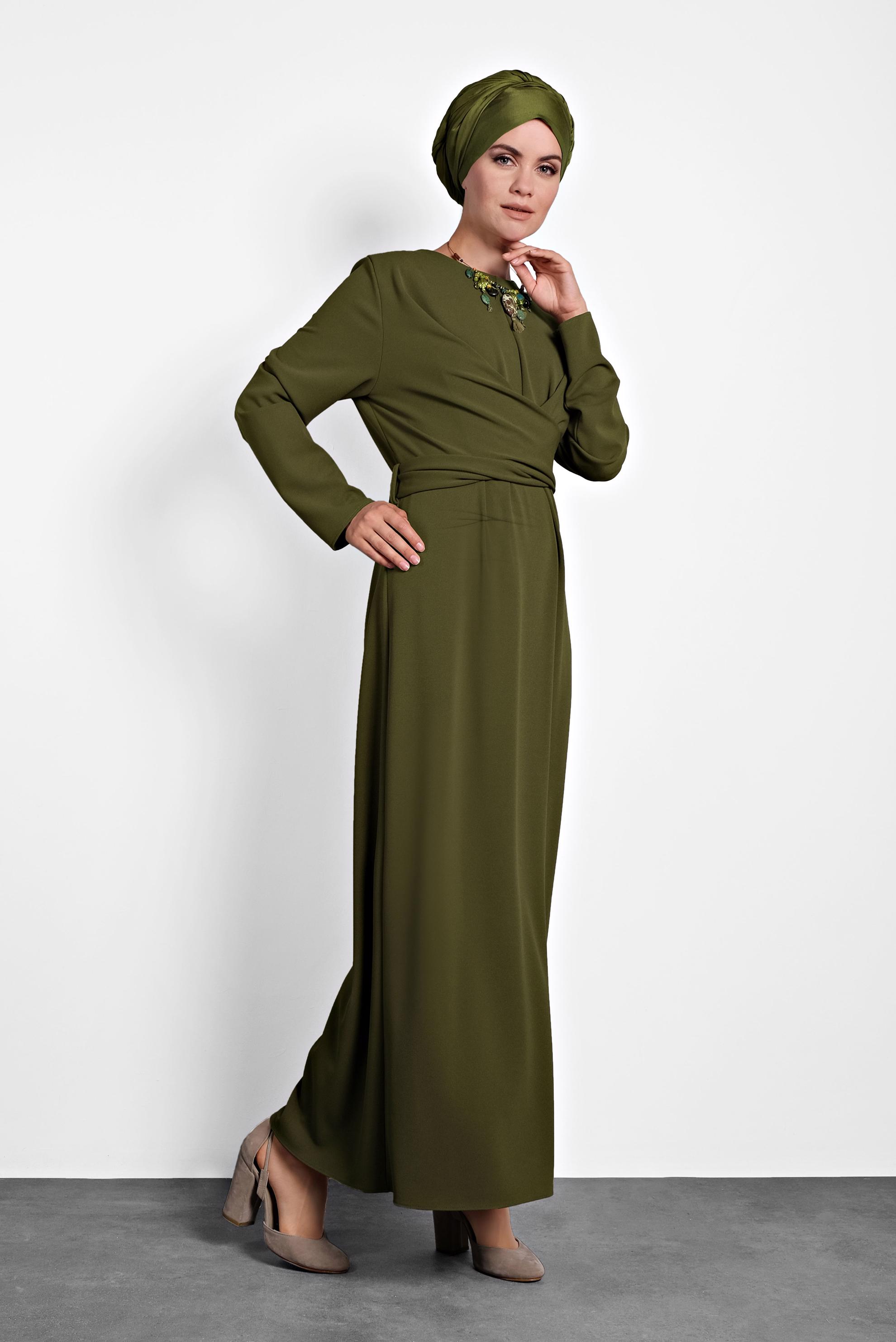 Tesettür giyim HAKİ ÇAPRAZ BAĞLAMALI ELBİSE 40213 