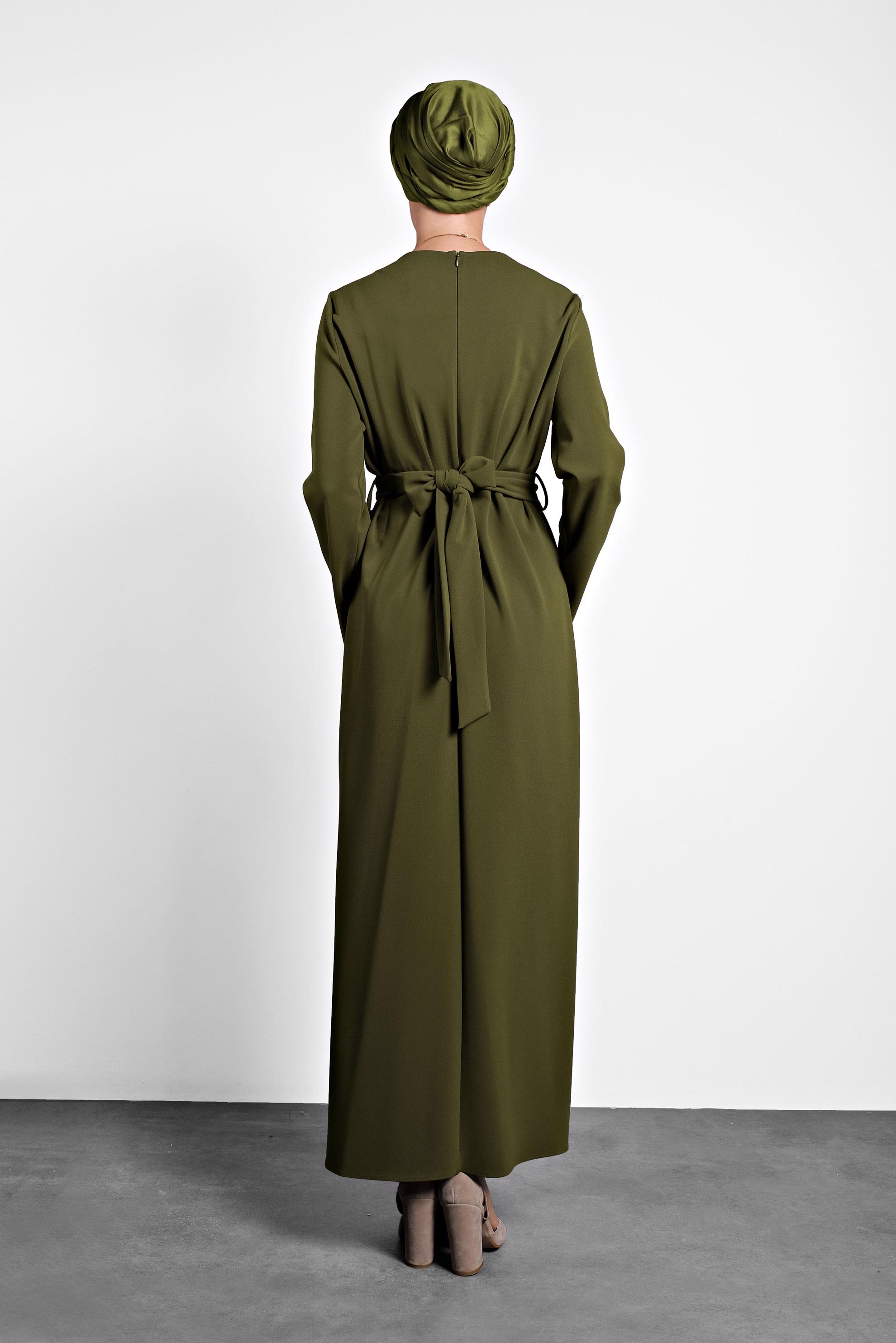 Tesettür giyim HAKİ ÇAPRAZ BAĞLAMALI ELBİSE 40213 