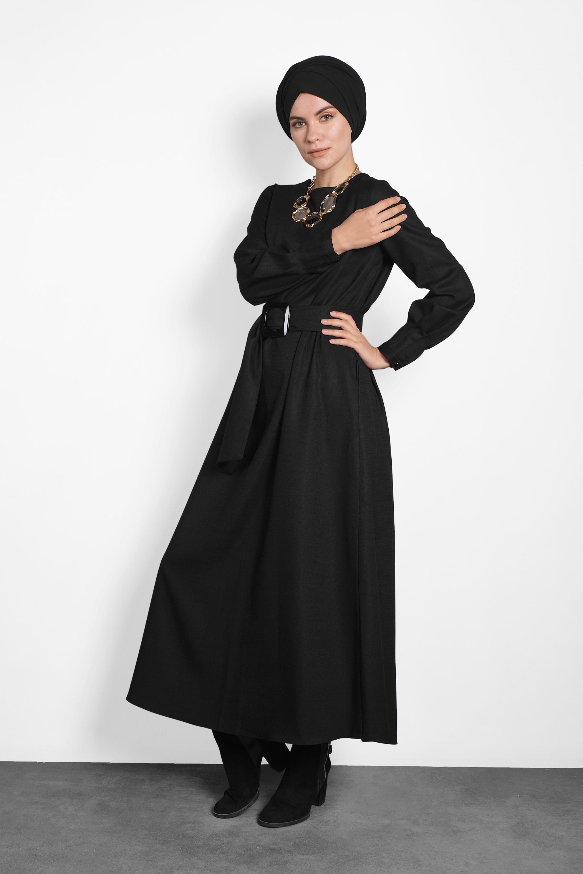 Tesettür giyim SİYAH KEMERLİ FERMUARLI ELBİSE 40215