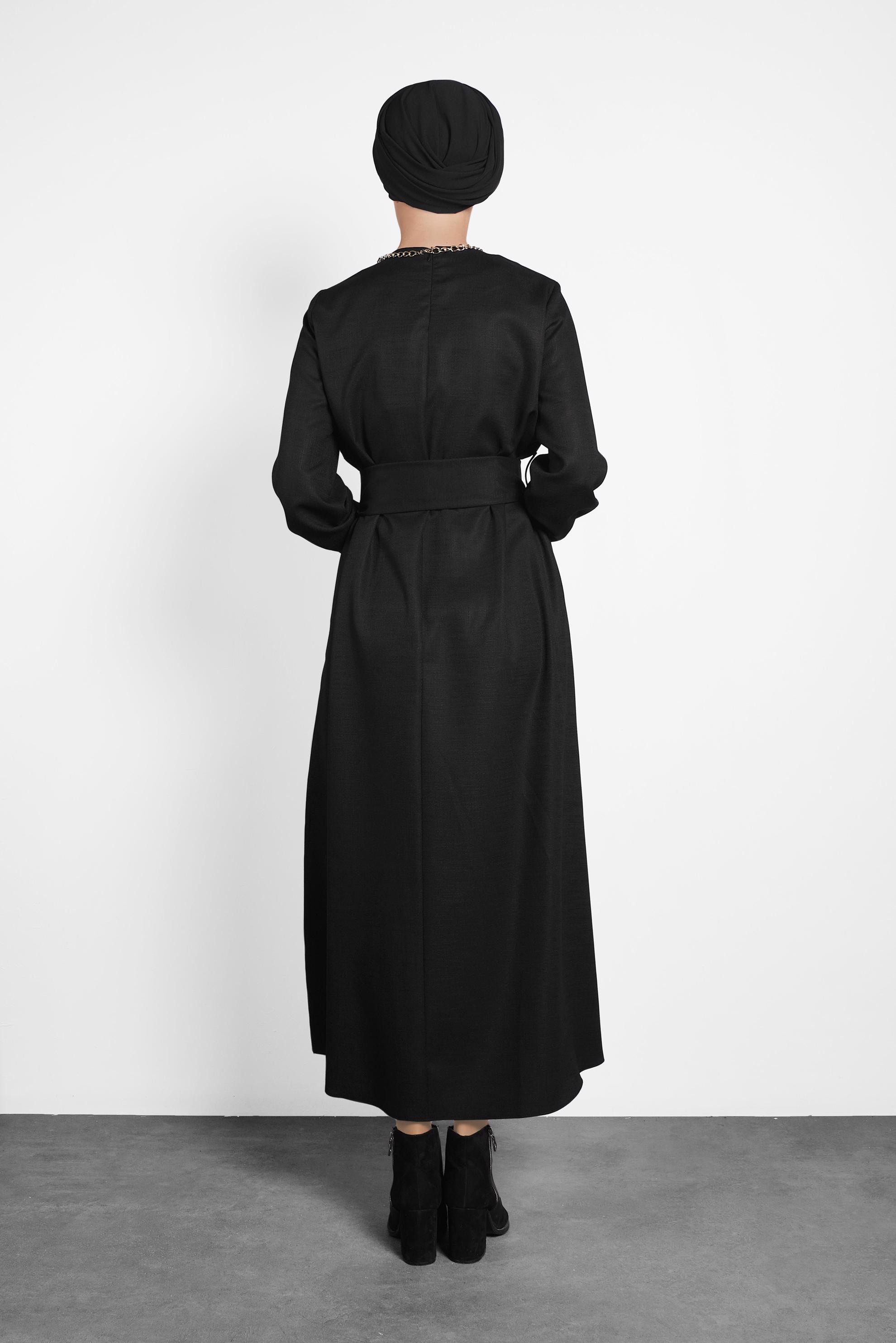 Tesettür giyim SİYAH KEMERLİ FERMUARLI ELBİSE 40215