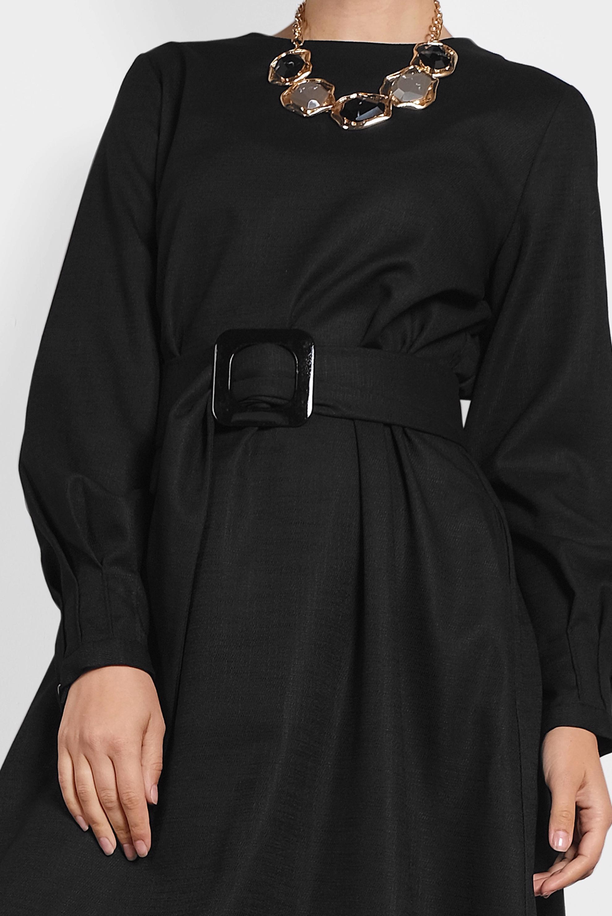 Tesettür giyim SİYAH KEMERLİ FERMUARLI ELBİSE 40215