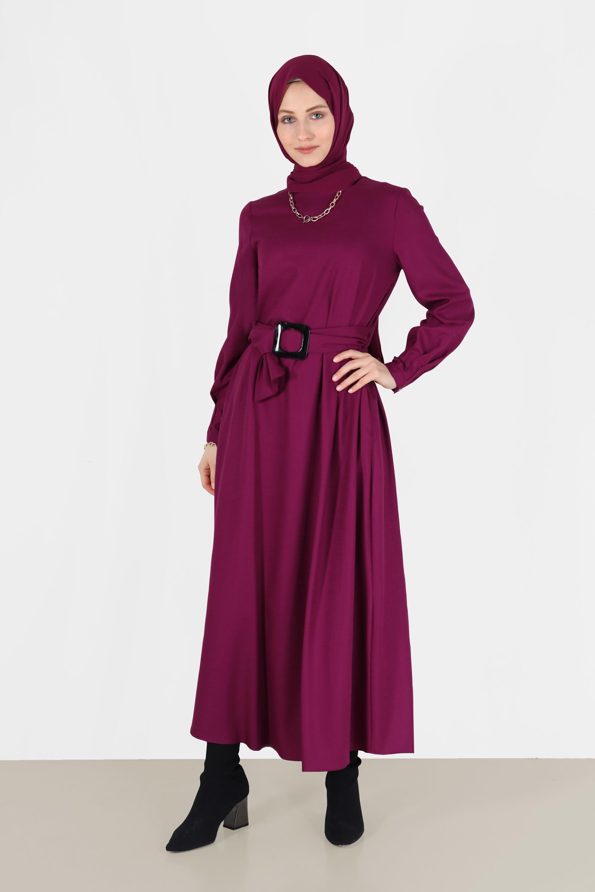 Tesettür giyim MOR KEMERLİ FERMUARLI ELBİSE 40215