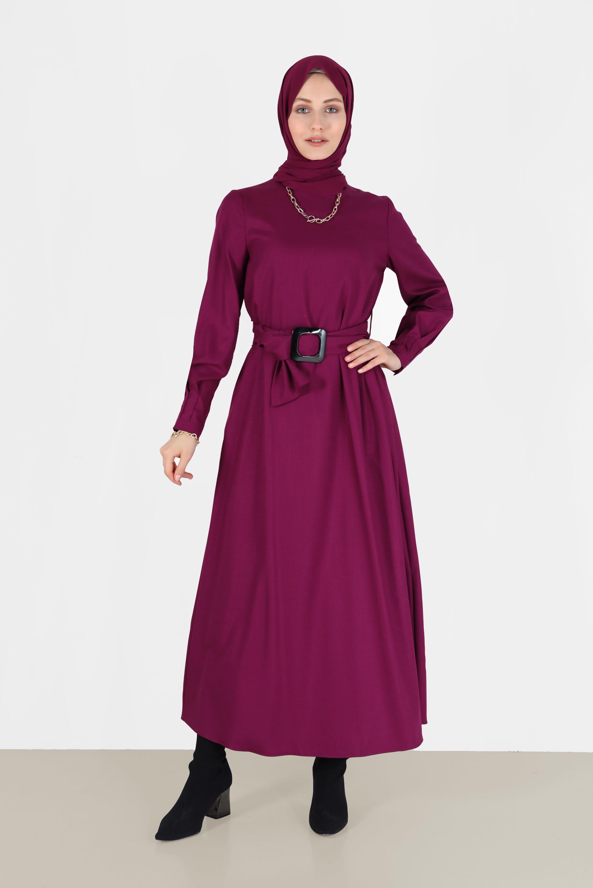 Tesettür giyim MOR KEMERLİ FERMUARLI ELBİSE 40215