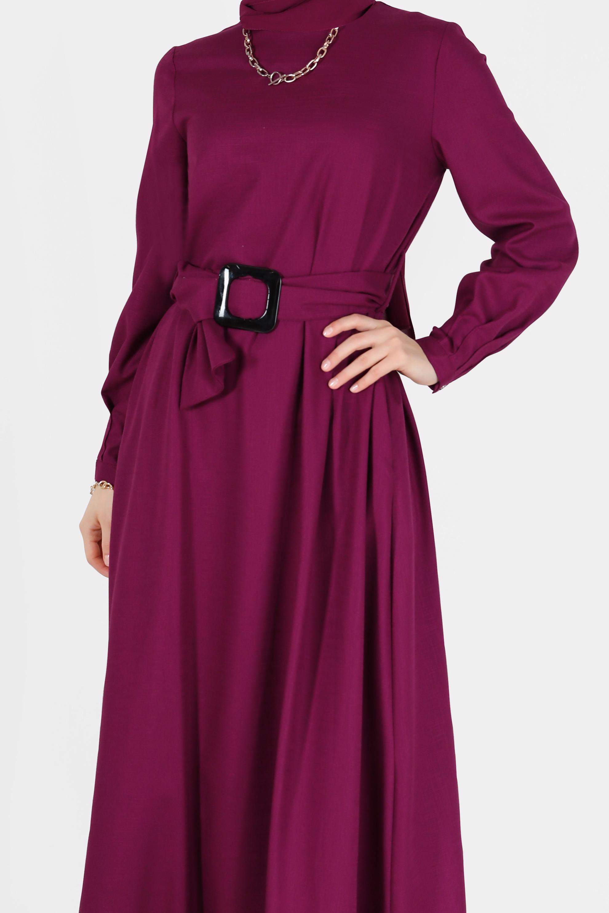 Tesettür giyim MOR KEMERLİ FERMUARLI ELBİSE 40215