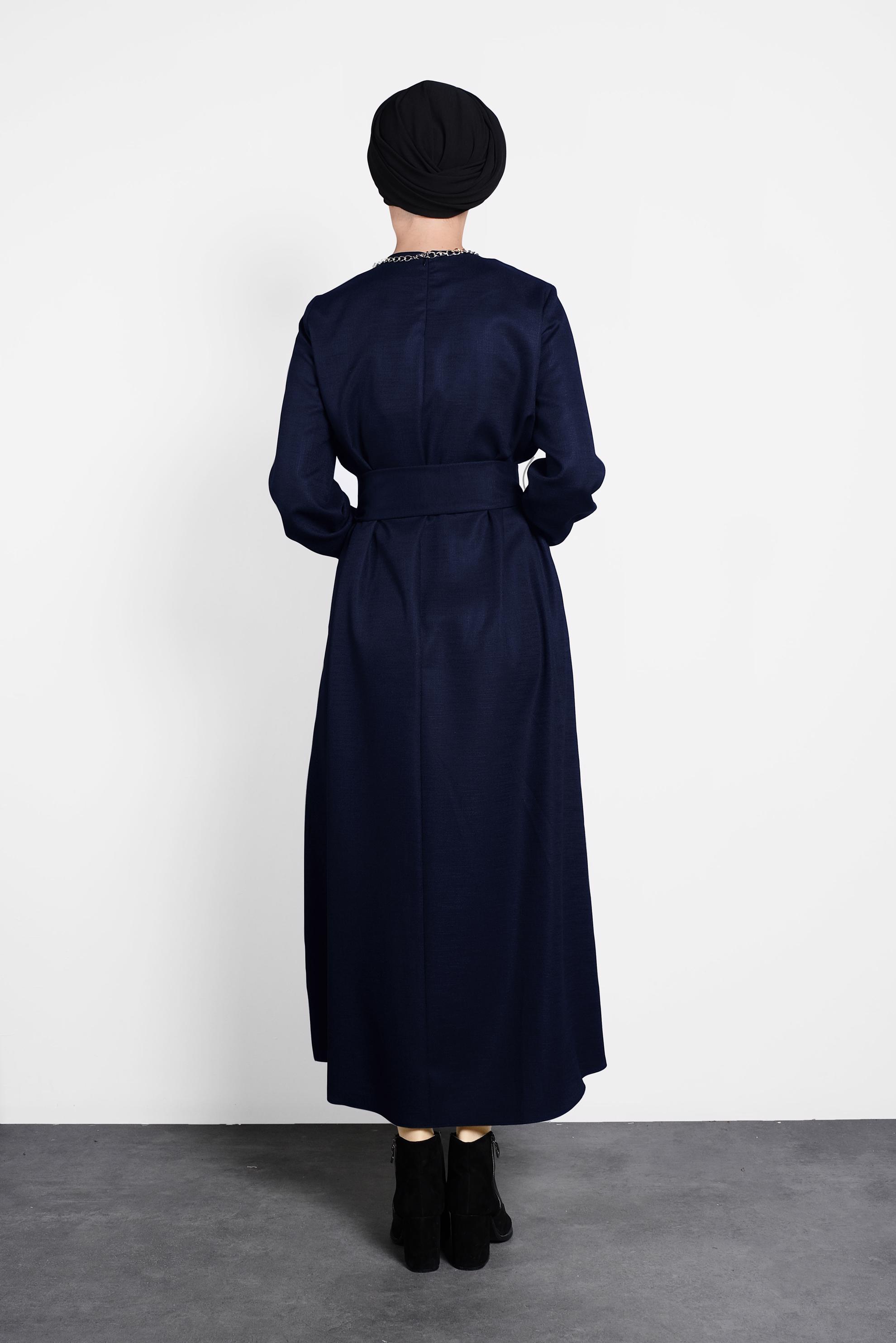 Tesettür giyim LACİVERT KEMERLİ FERMUARLI ELBİSE 40215