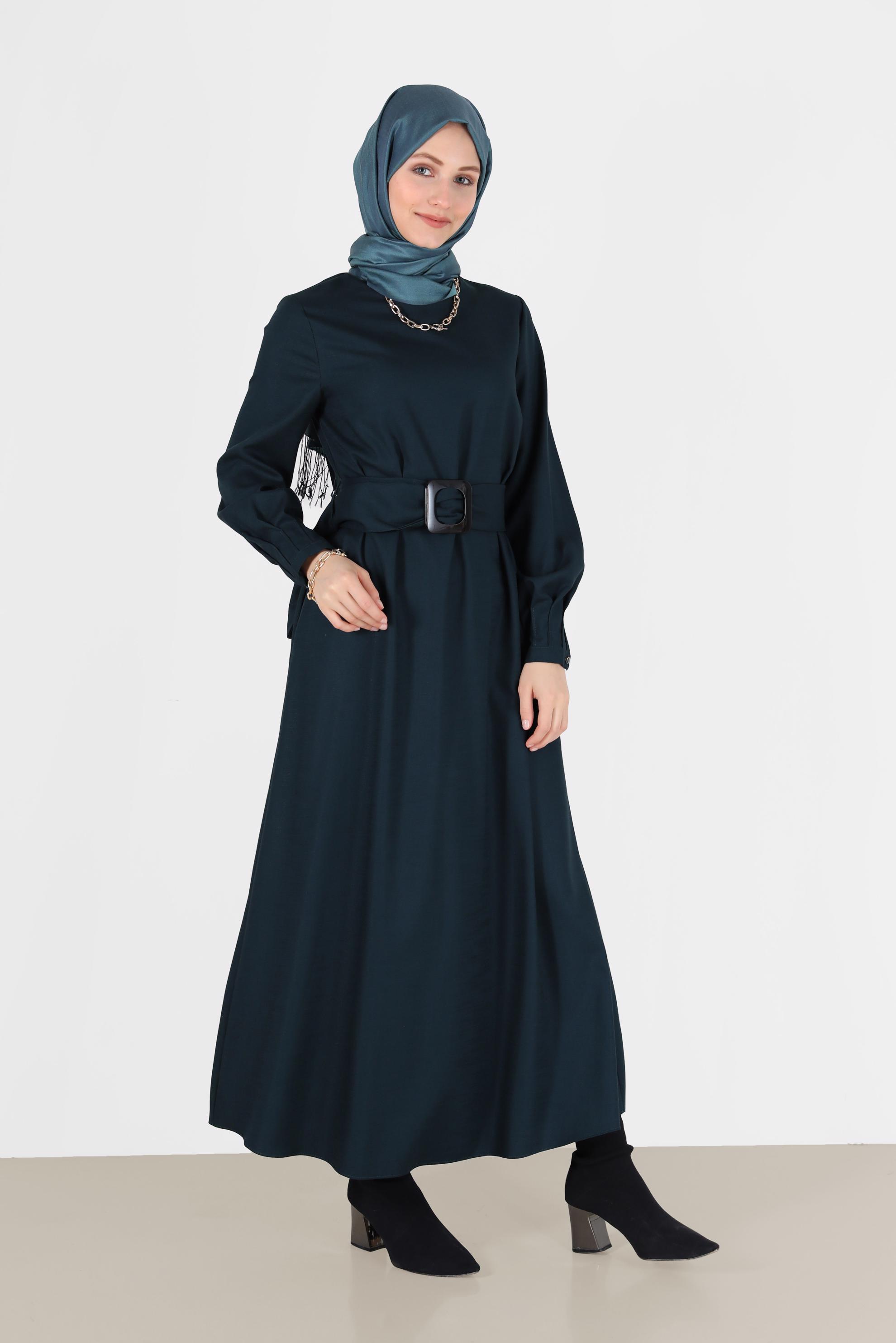 Tesettür giyim YEŞİL KEMERLİ FERMUARLI ELBİSE 40215