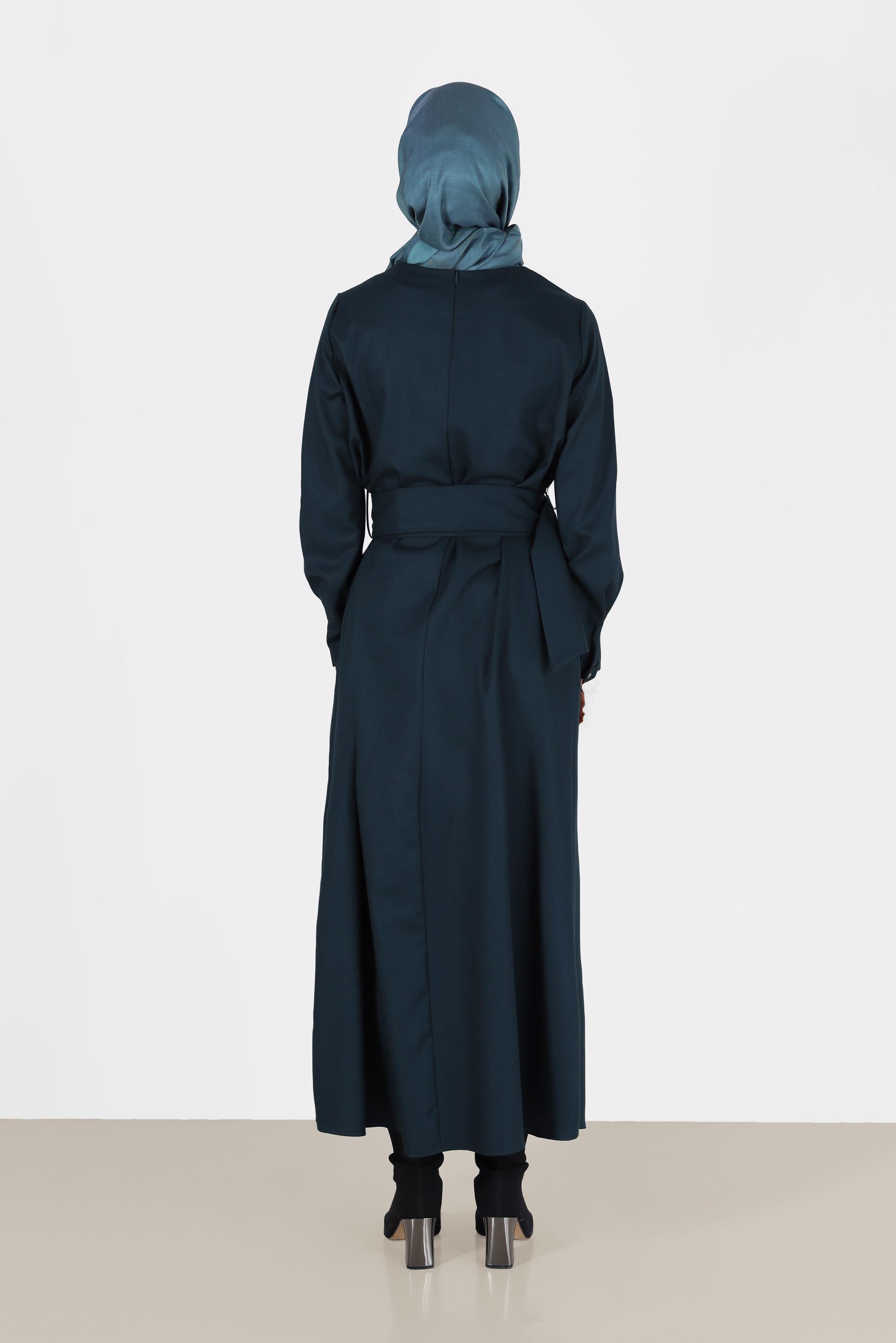 Tesettür giyim YEŞİL KEMERLİ FERMUARLI ELBİSE 40215