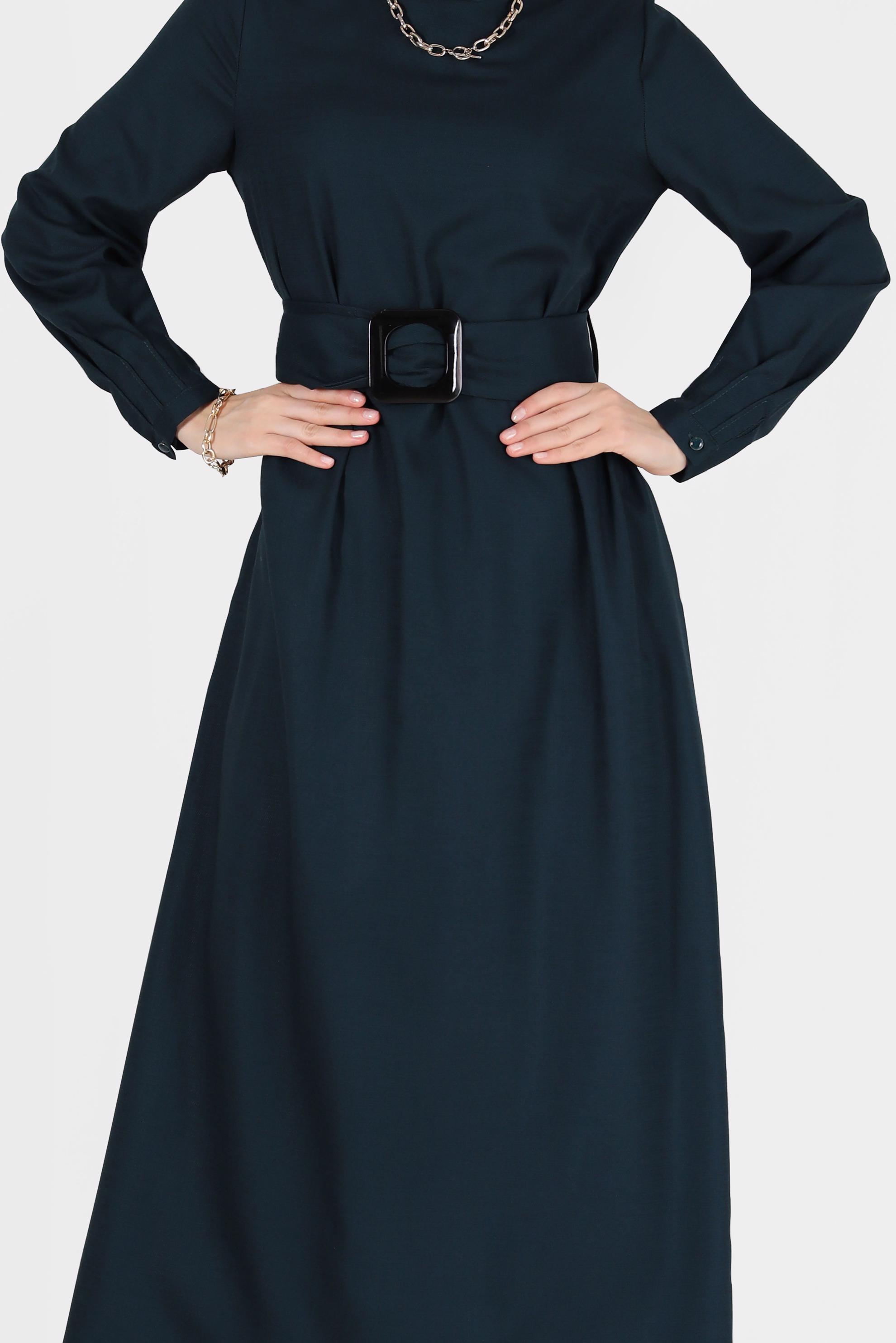 Tesettür giyim YEŞİL KEMERLİ FERMUARLI ELBİSE 40215