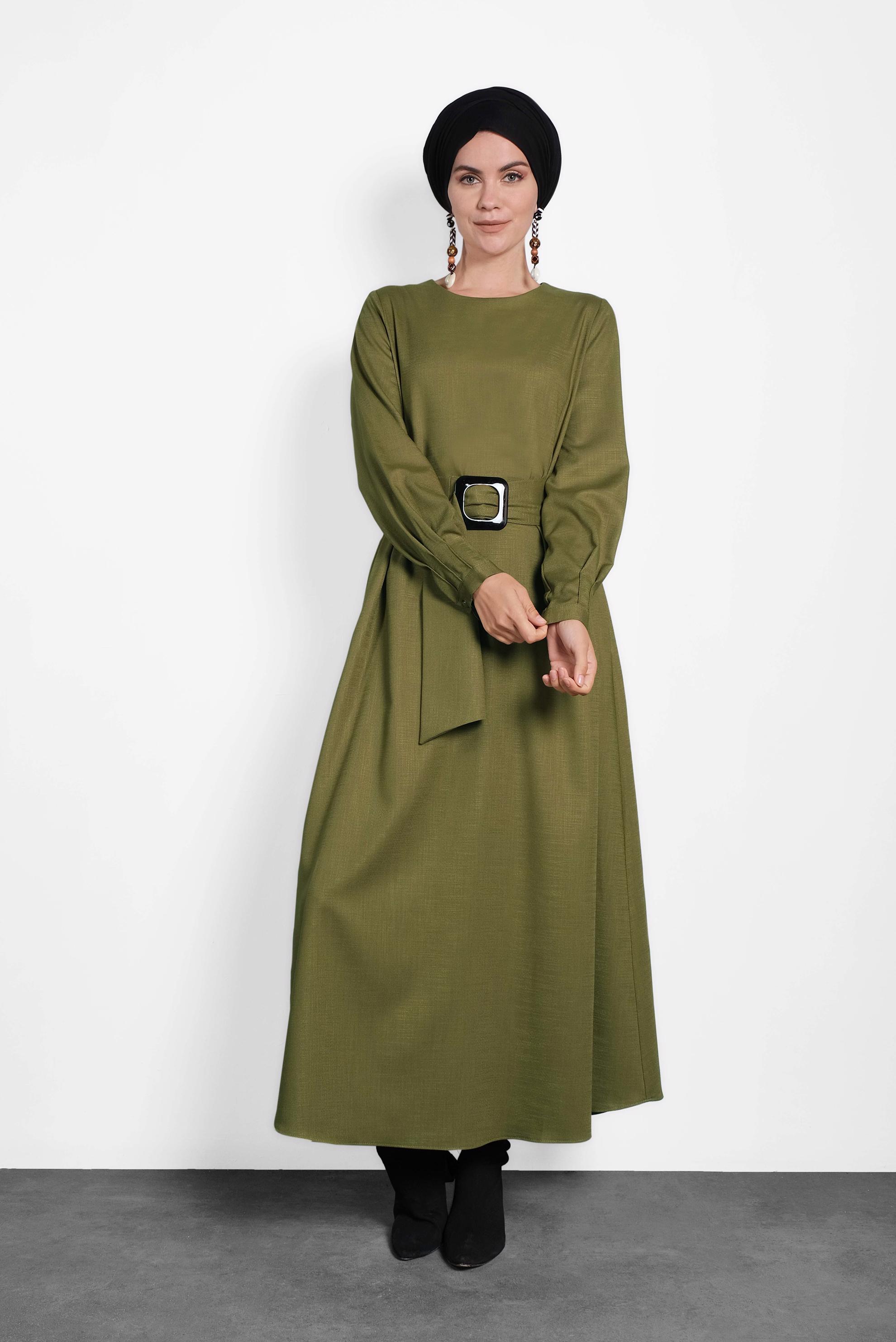 Tesettür giyim YEŞİL KEMERLİ FERMUARLI ELBİSE 40215