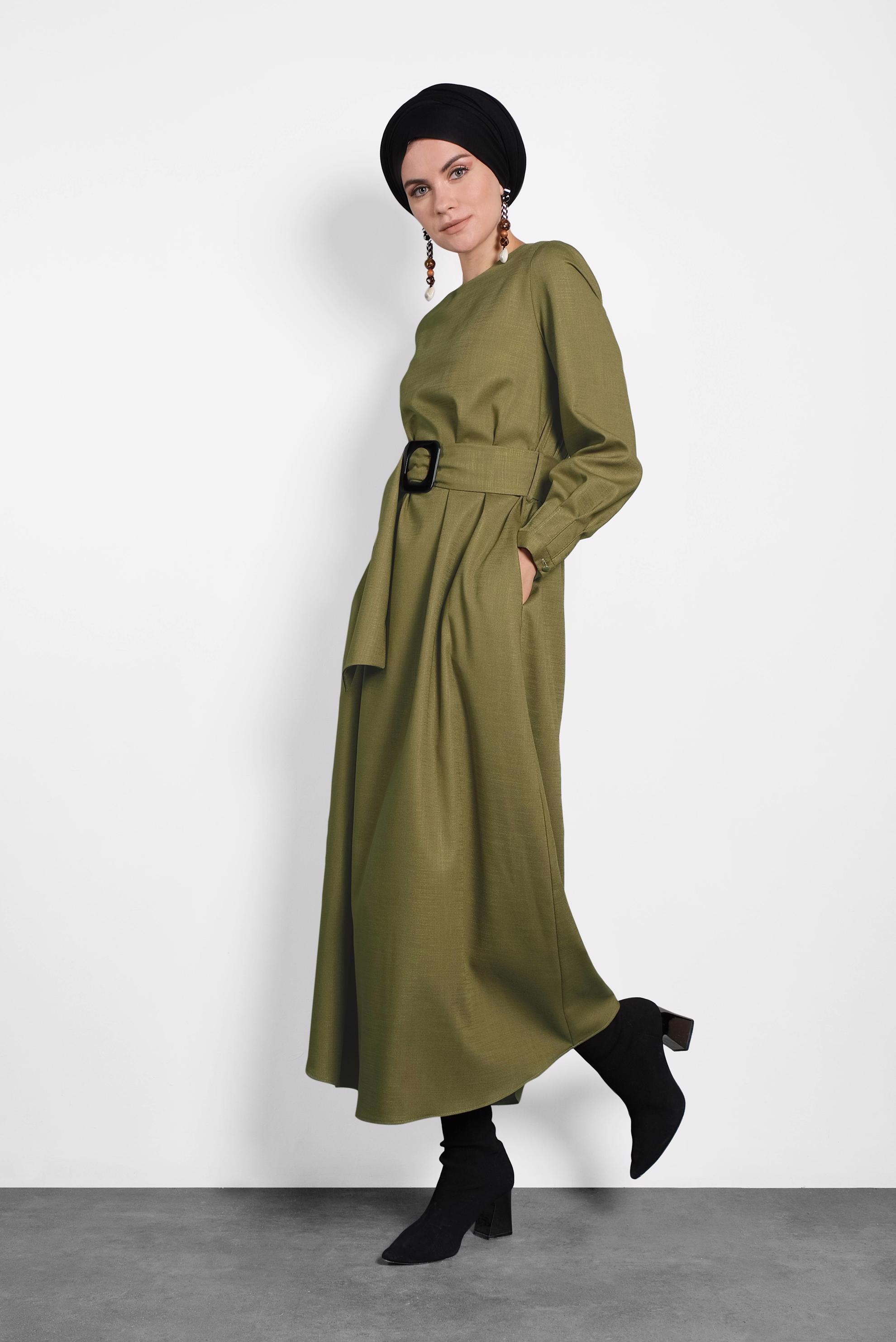 Tesettür giyim YEŞİL KEMERLİ FERMUARLI ELBİSE 40215