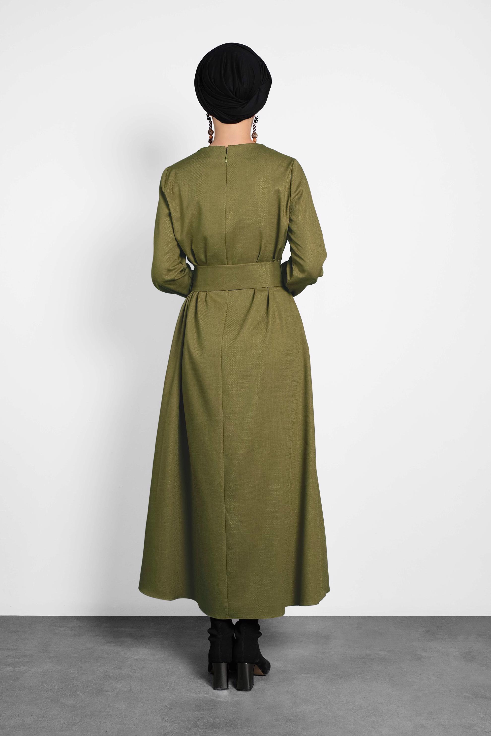 Tesettür giyim YEŞİL KEMERLİ FERMUARLI ELBİSE 40215