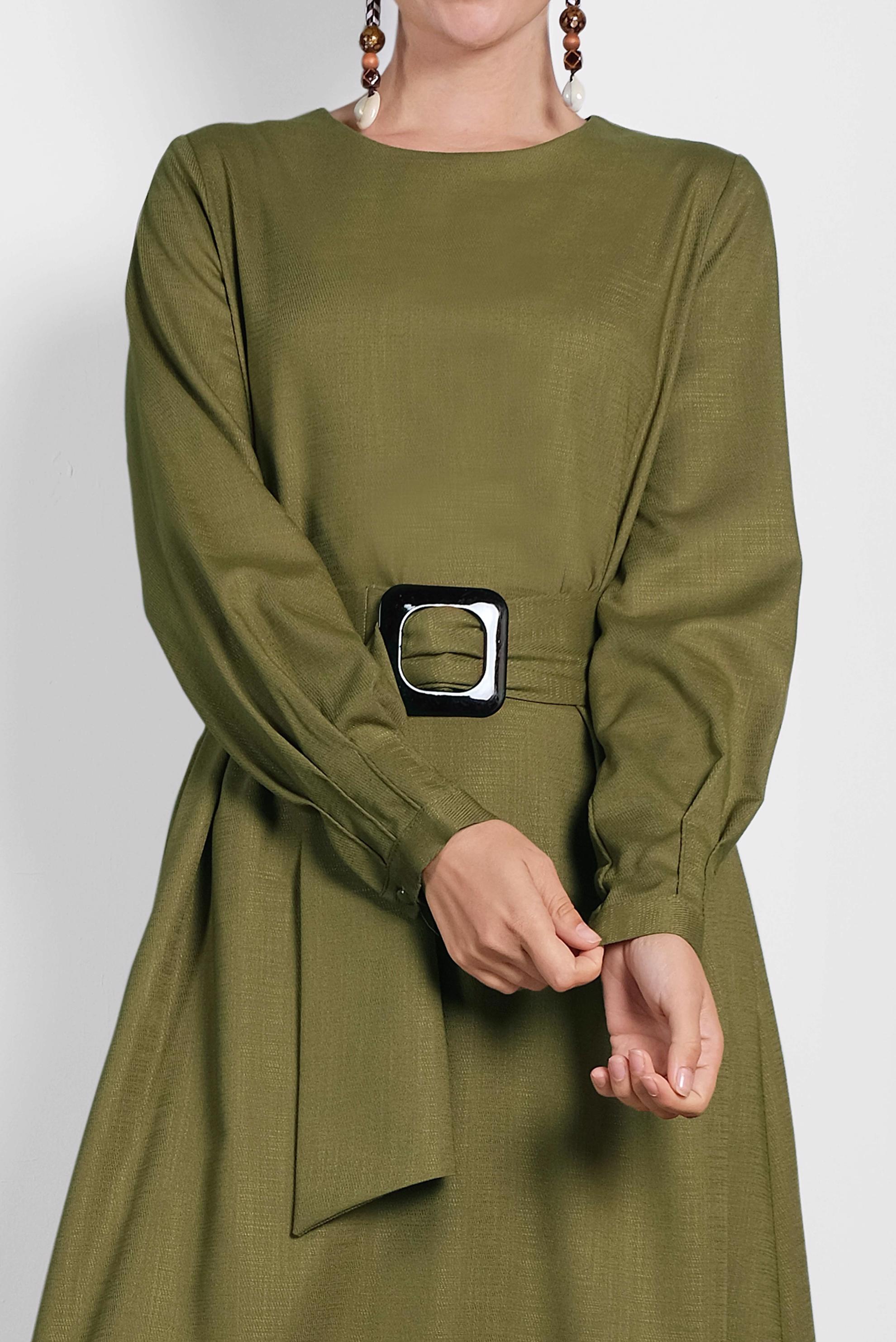 Tesettür giyim YEŞİL KEMERLİ FERMUARLI ELBİSE 40215