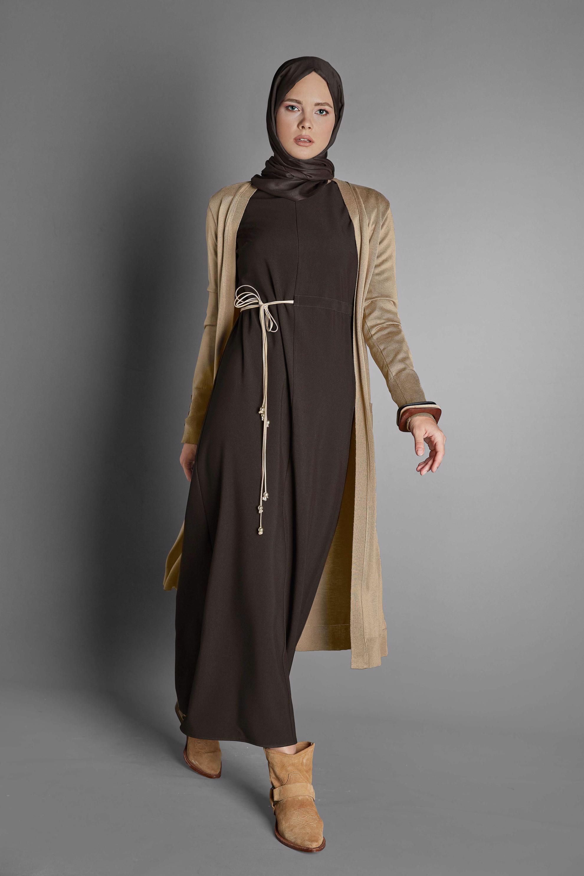 Tesettür giyim KAHVE BELDEN BAĞCIKLI ELBİSE 40217 