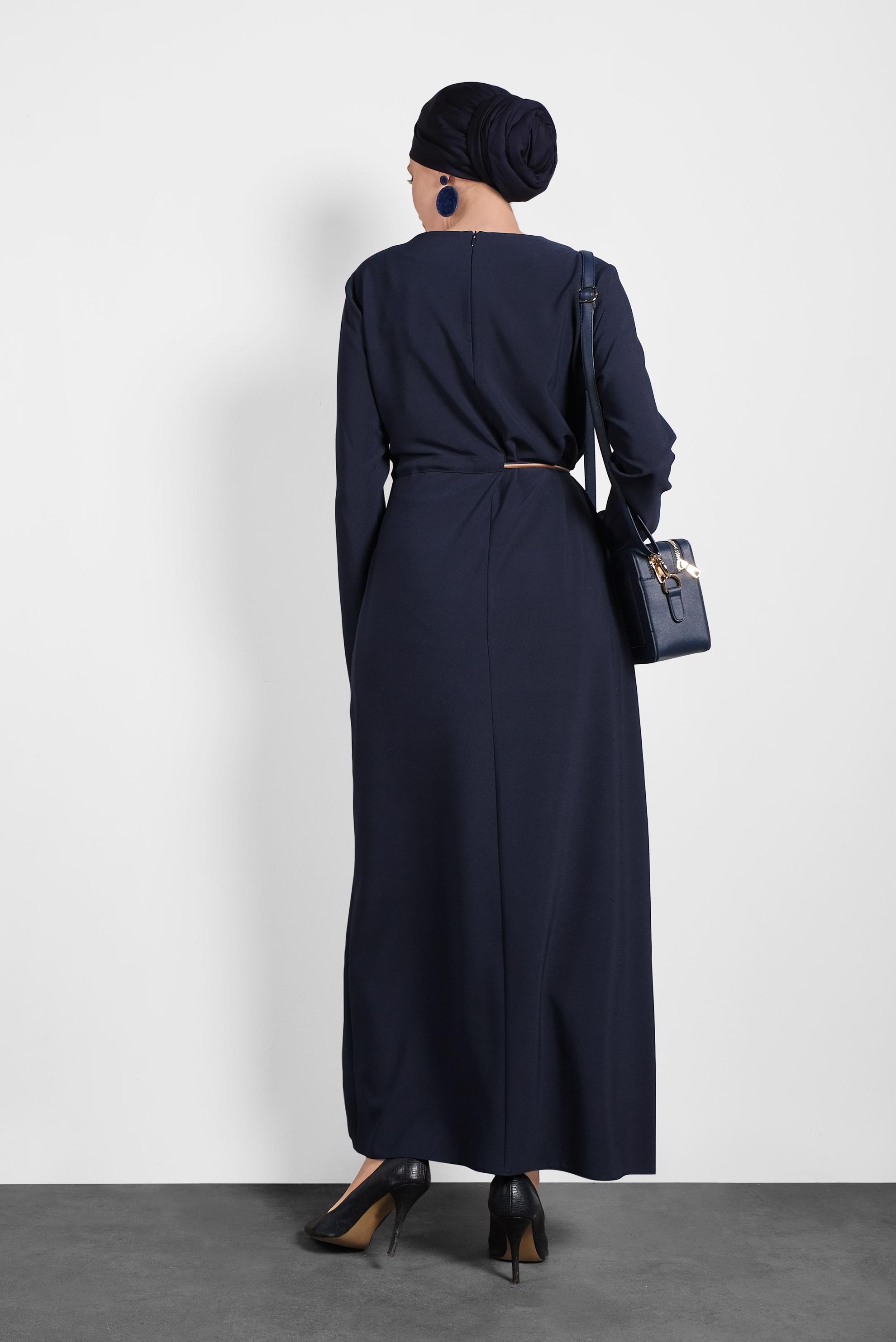 Tesettür giyim LACİVERT BELDEN BAĞCIKLI ELBİSE 40217 