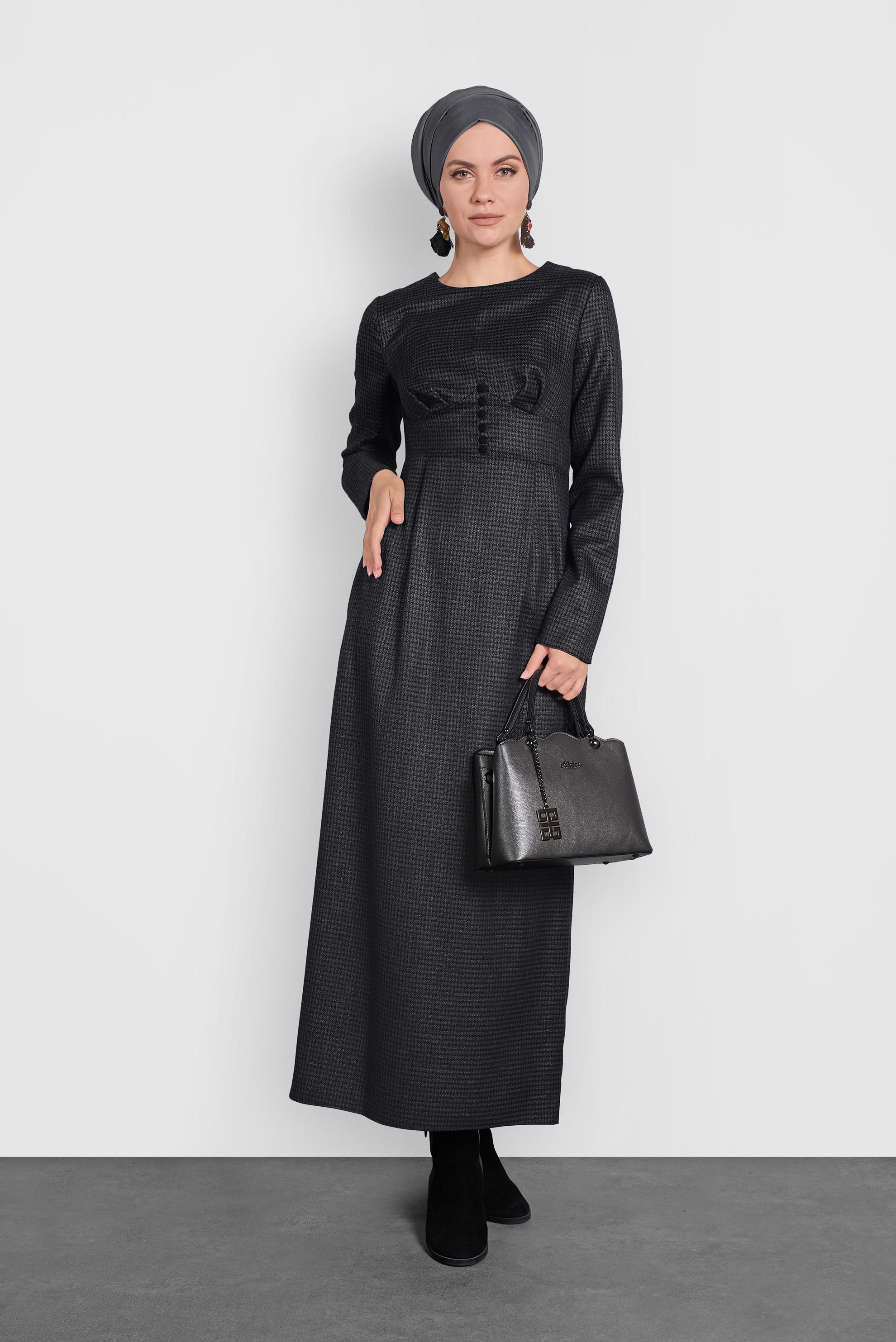 Tesettür giyim SİYAH EKOSE DESENLİ ELBİSE 40219 