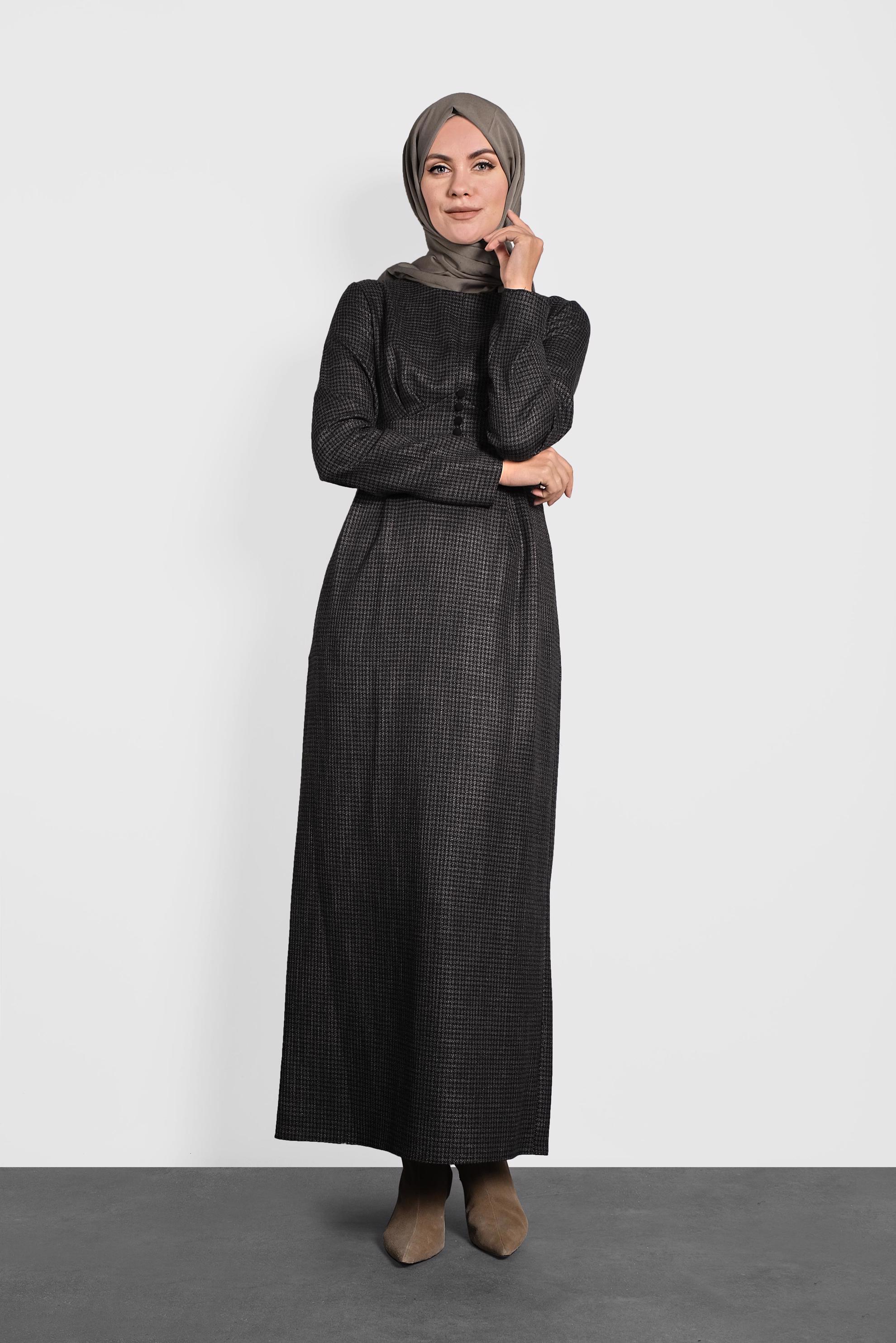 Tesettür giyim SİYAH EKOSE DESENLİ ELBİSE 40219 