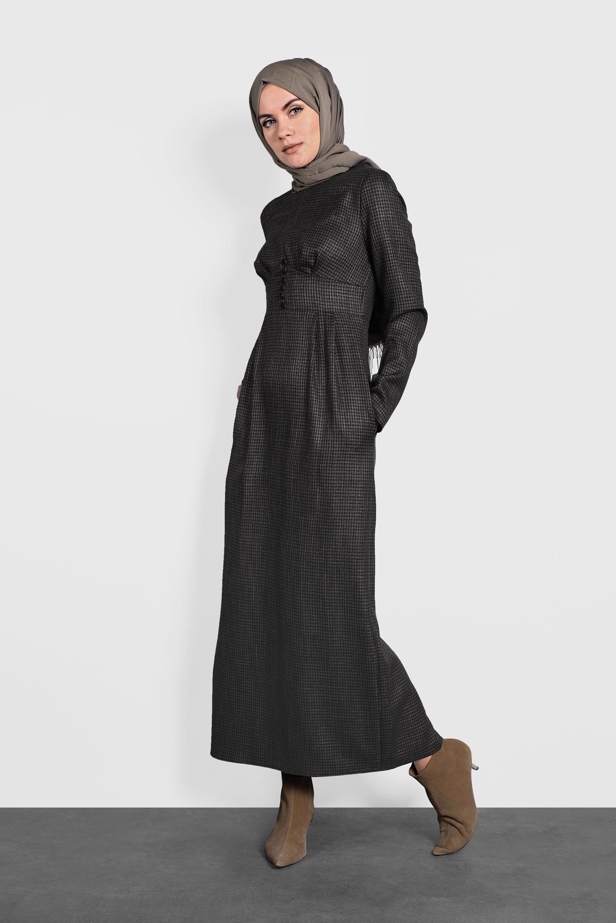 Tesettür giyim SİYAH EKOSE DESENLİ ELBİSE 40219 