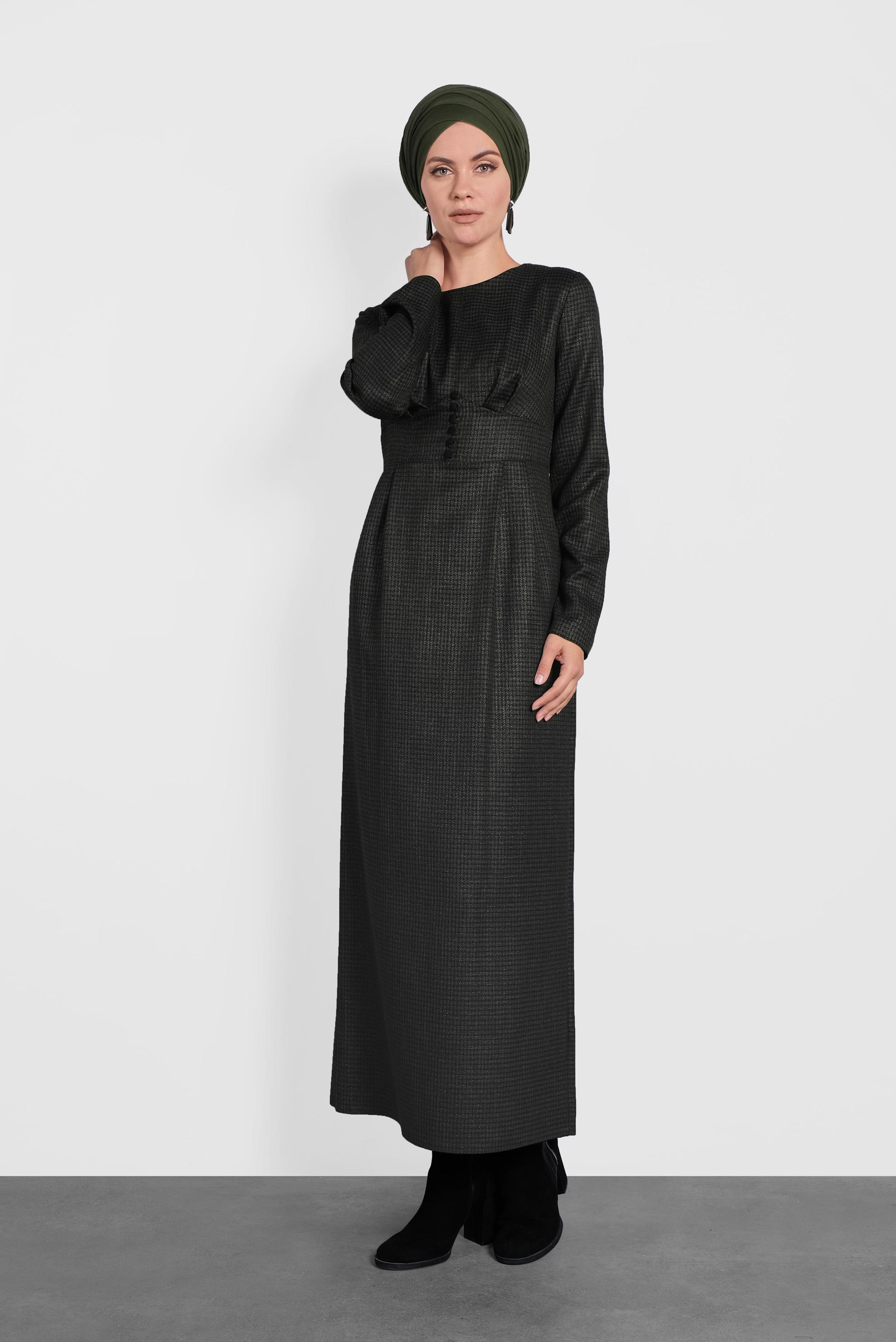 Tesettür giyim SİYAH EKOSE DESENLİ ELBİSE 40219 