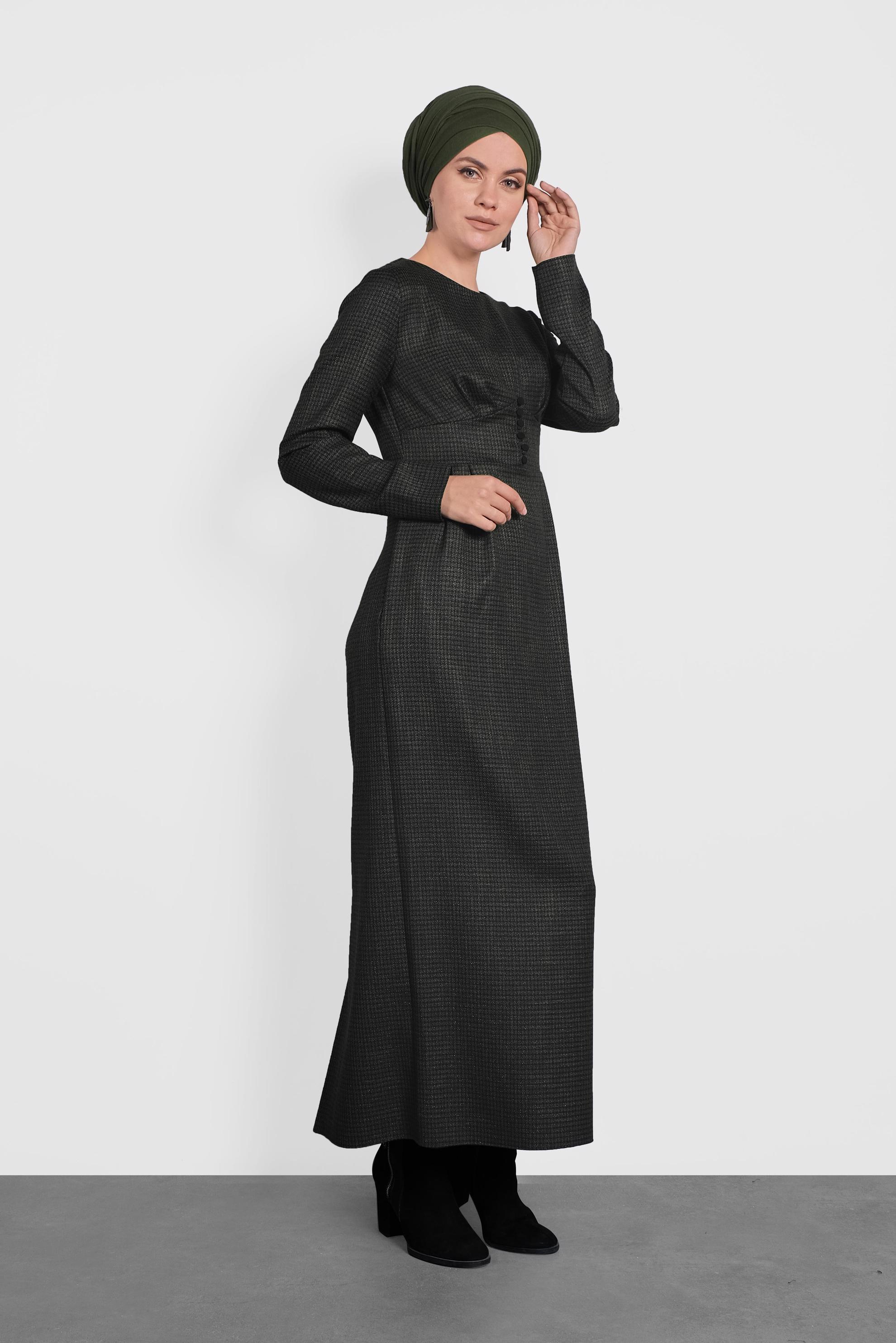 Tesettür giyim SİYAH EKOSE DESENLİ ELBİSE 40219 