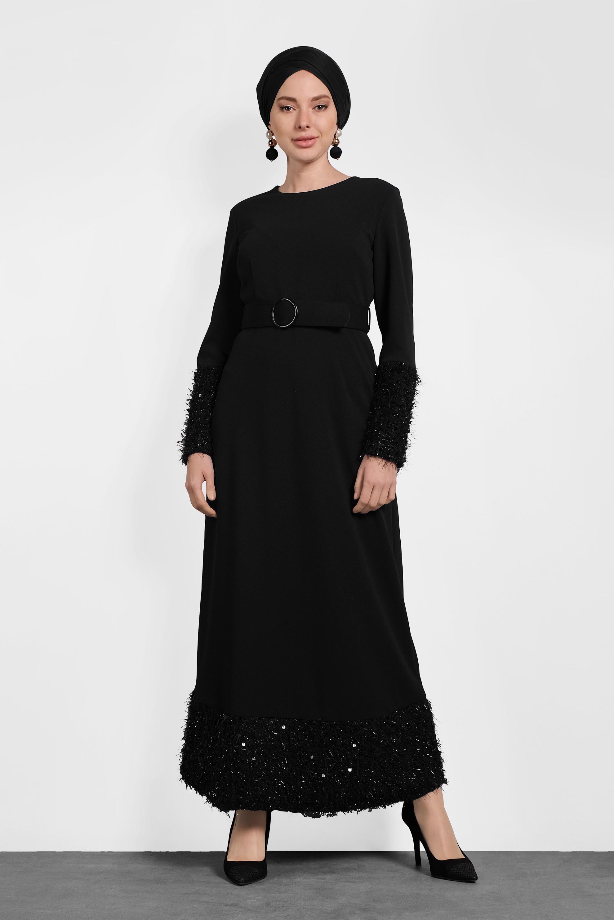 Tesettür giyim SİYAH KEMERLİ PUL PAYETLİ ELBİSE 40230 