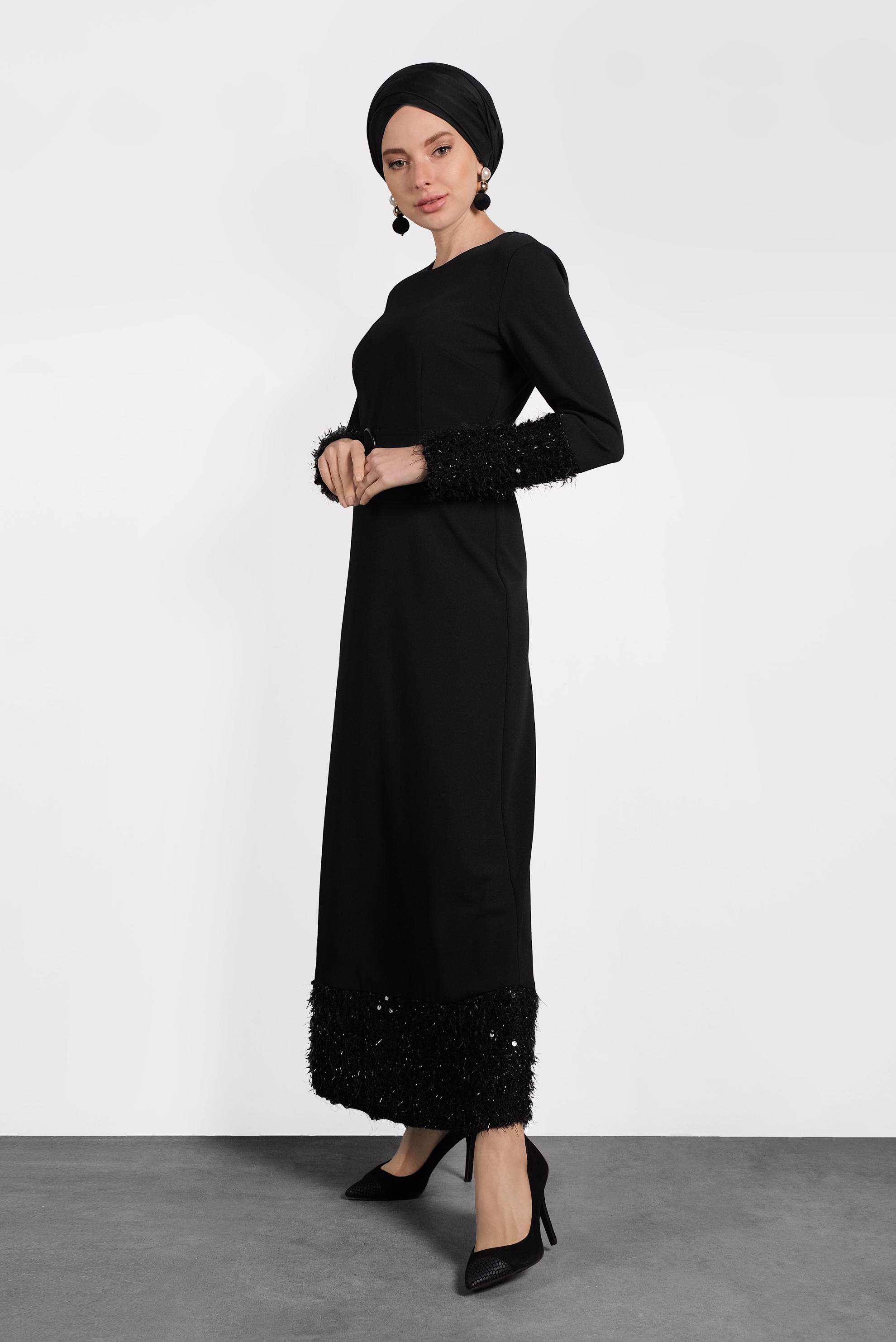 Tesettür giyim SİYAH KEMERLİ PUL PAYETLİ ELBİSE 40230 