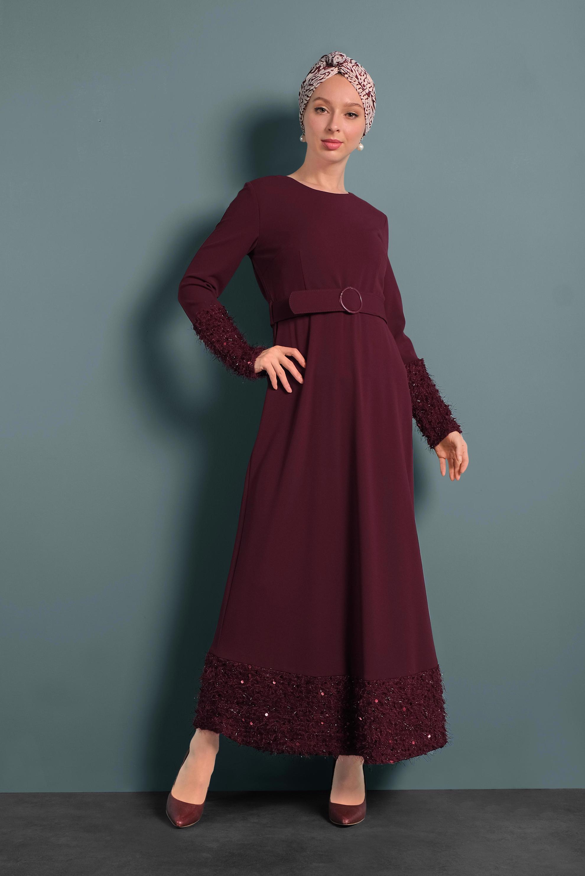 Tesettür giyim BORDO KEMERLİ PUL PAYETLİ ELBİSE 40230 