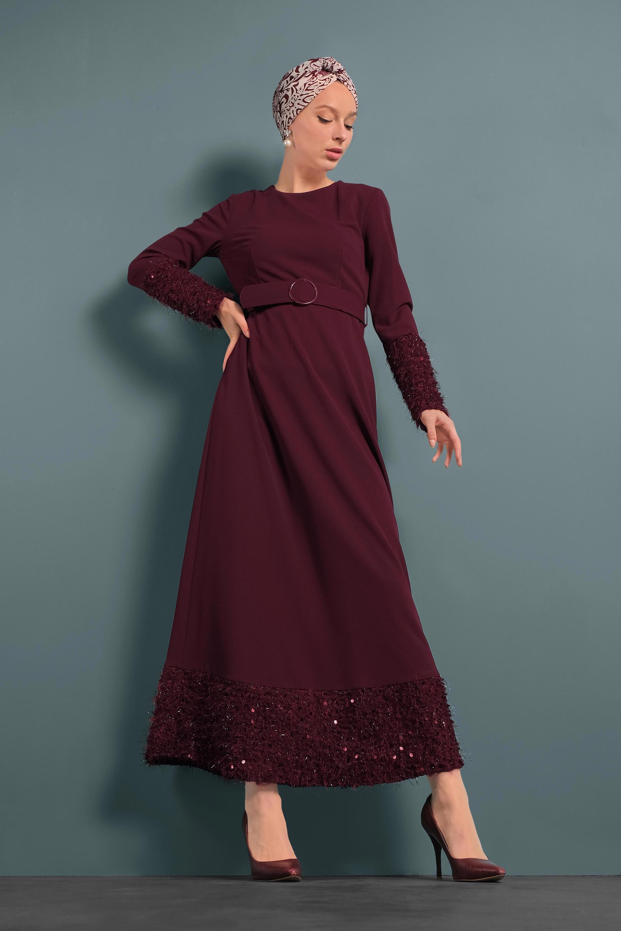 Tesettür giyim BORDO KEMERLİ PUL PAYETLİ ELBİSE 40230 