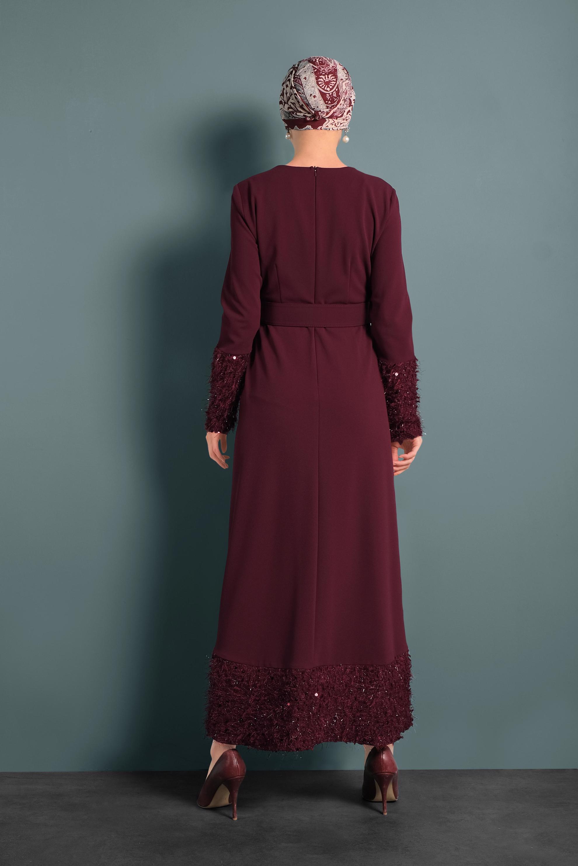 Tesettür giyim BORDO KEMERLİ PUL PAYETLİ ELBİSE 40230 