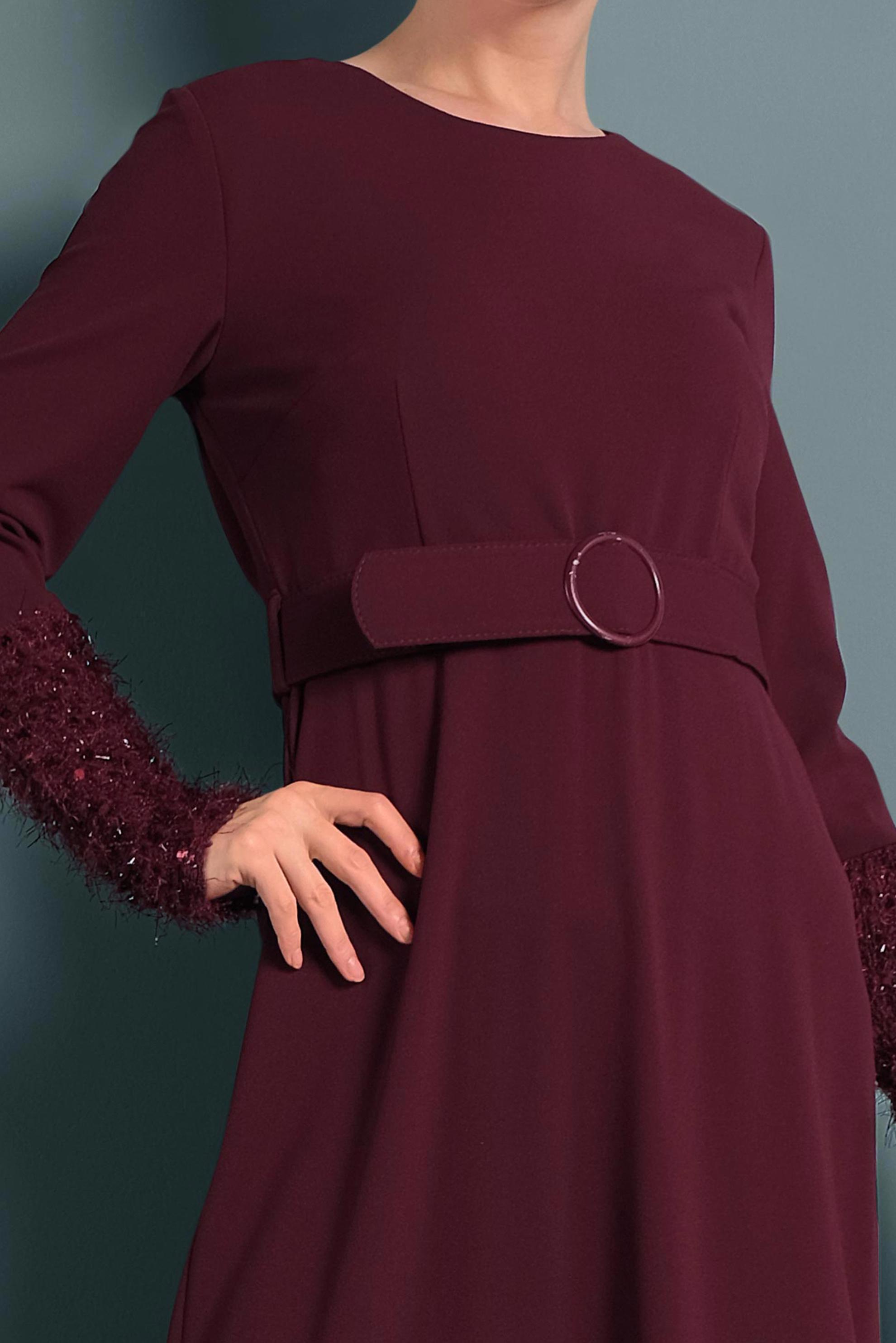 Tesettür giyim BORDO KEMERLİ PUL PAYETLİ ELBİSE 40230 