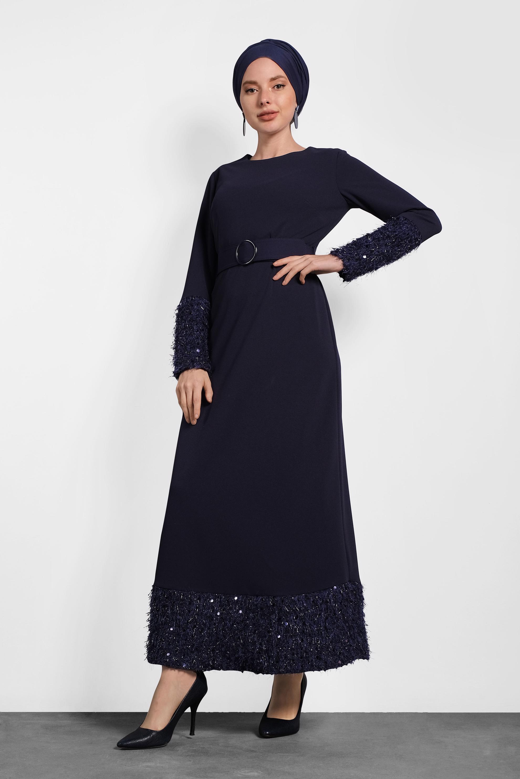 Tesettür giyim LACİVERT KEMERLİ PUL PAYETLİ ELBİSE 40230 