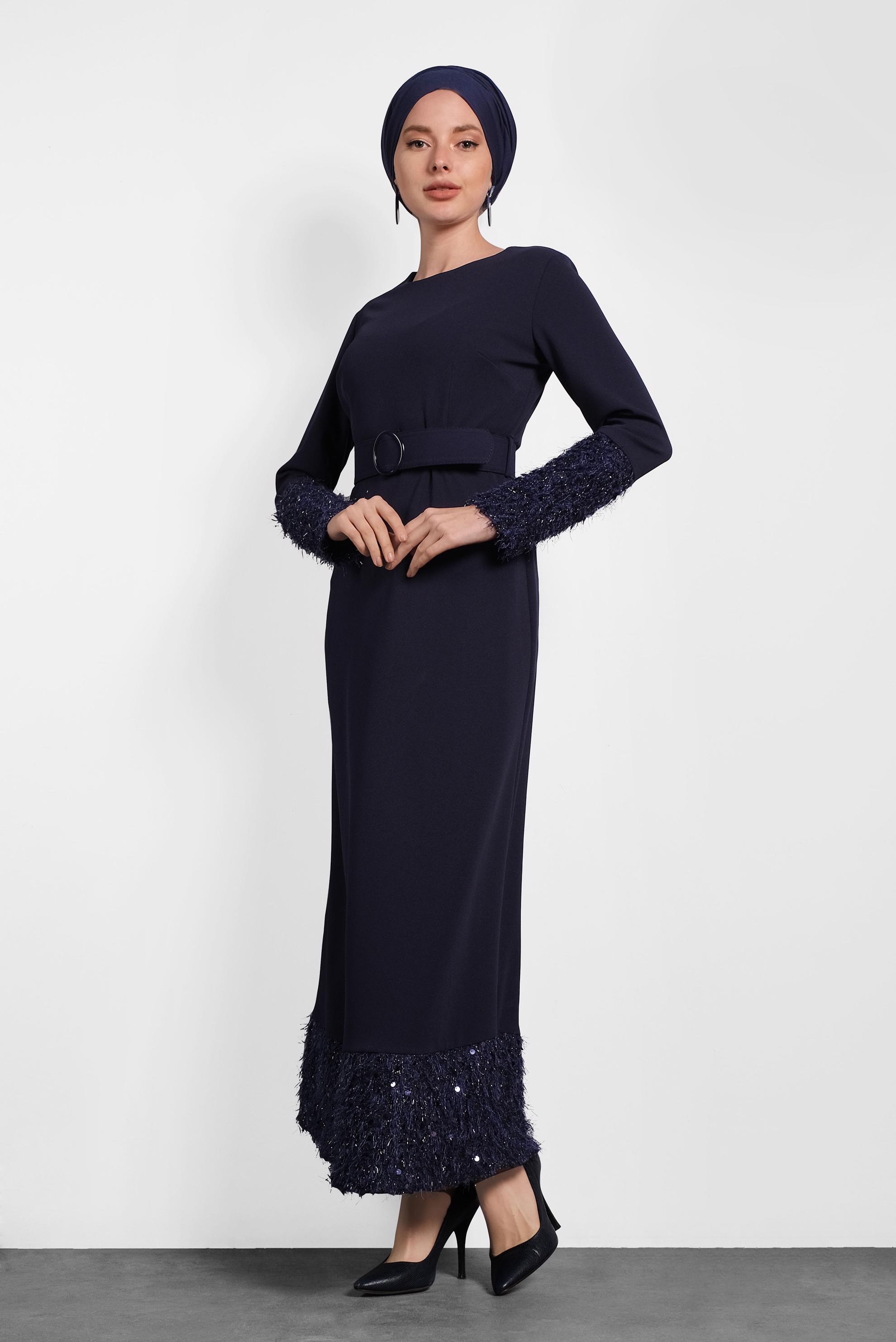 Tesettür giyim LACİVERT KEMERLİ PUL PAYETLİ ELBİSE 40230 