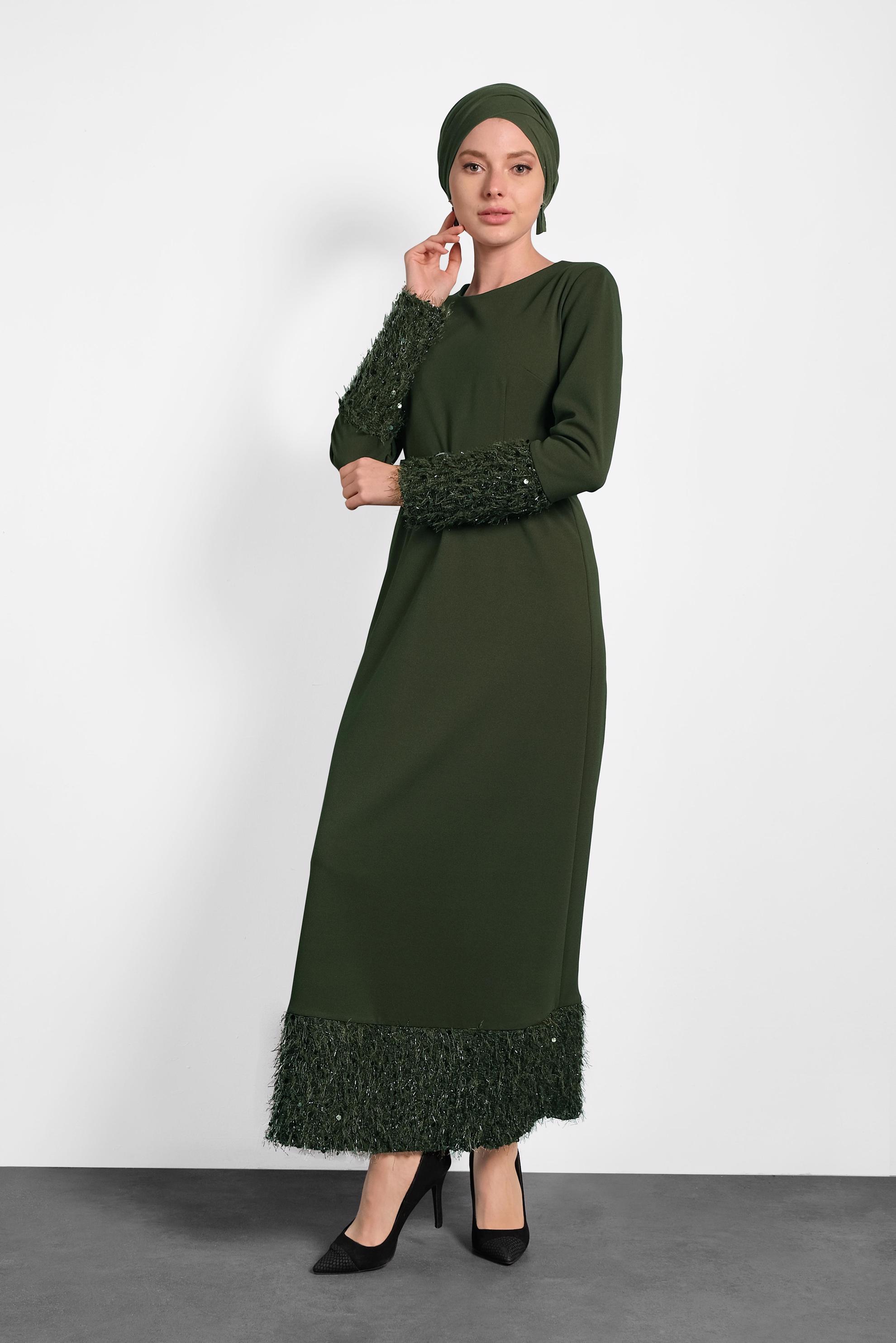 Tesettür giyim HAKİ KEMERLİ PUL PAYETLİ ELBİSE 40230 