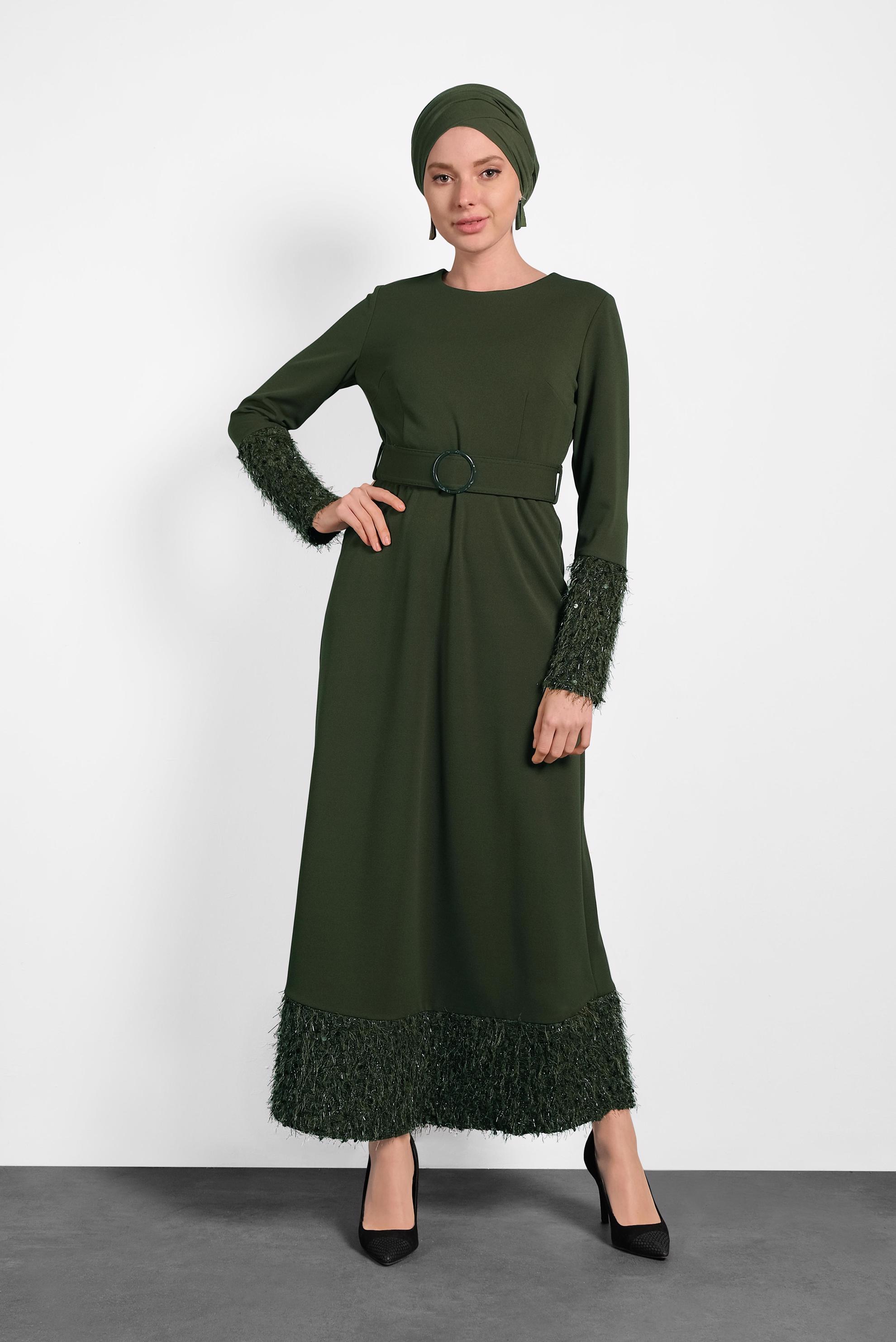 Tesettür giyim HAKİ KEMERLİ PUL PAYETLİ ELBİSE 40230 