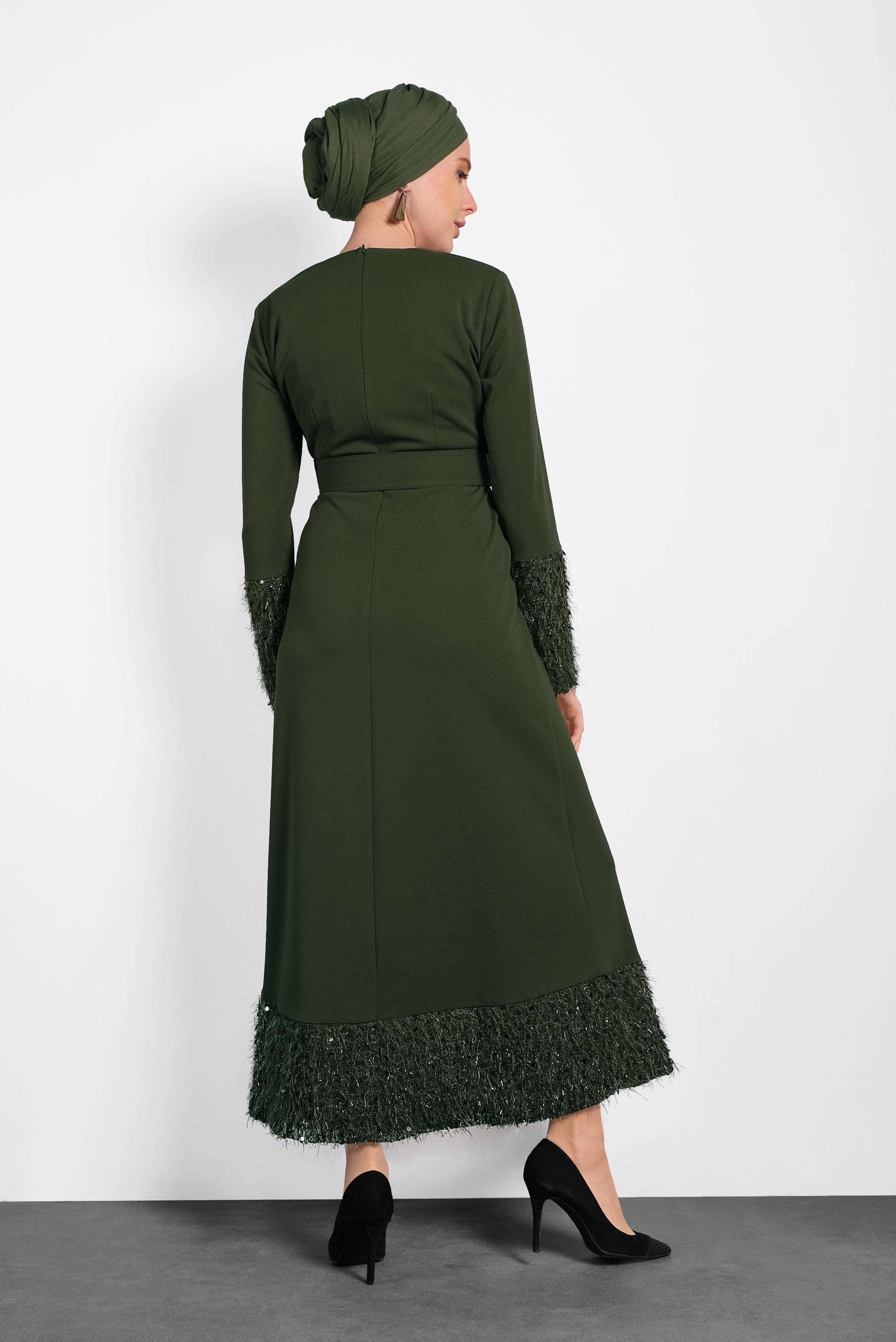 Tesettür giyim HAKİ KEMERLİ PUL PAYETLİ ELBİSE 40230 